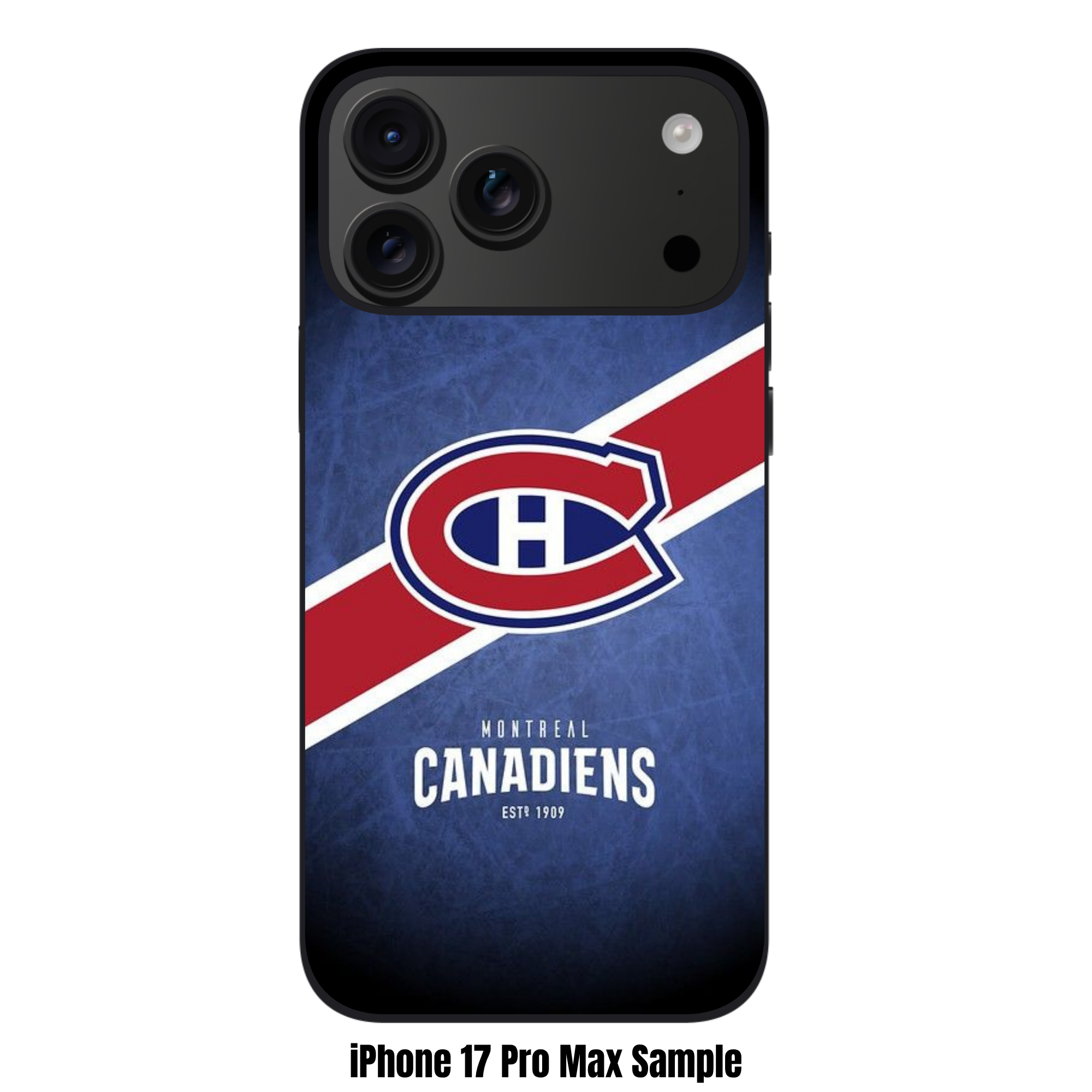 NHL Montreal Canadiens Phone Case For iPhone Samsung Galaxy Pixel - Montreal Canadiens Logo And Diagonal Stripes On Textured Blue Background