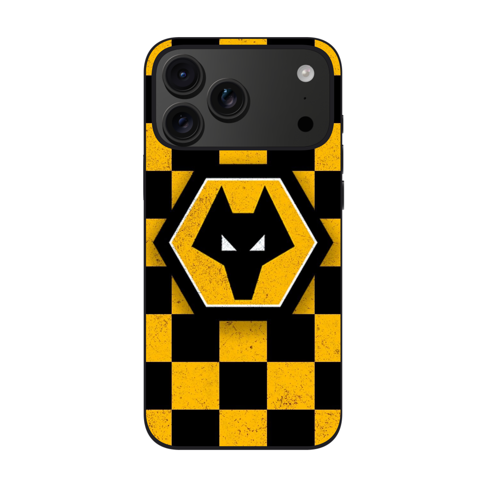 Wolverhampton Wanderers FC Phone Case For iPhone Samsung Galaxy Pixel - Wolverhampton Wanderers FC Crest On Distressed Yellow And Black Checkerboard Background