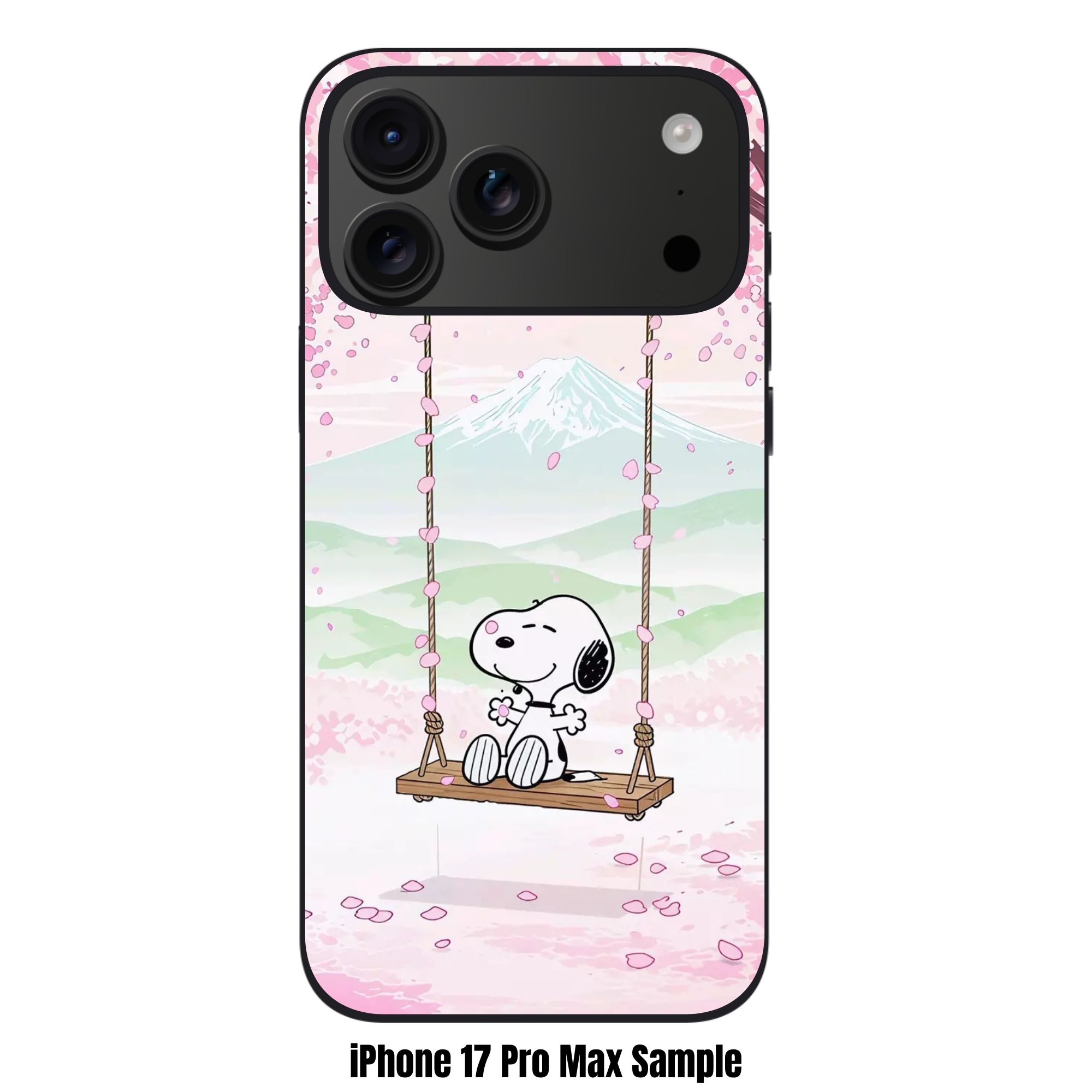 Peanuts Snoopy Phone Case For iPhone Samsung Galaxy Pixel - Peanuts Snoopy Sitting On A Swing Under Pink Cherry Blossoms With Mount Fuji Background
