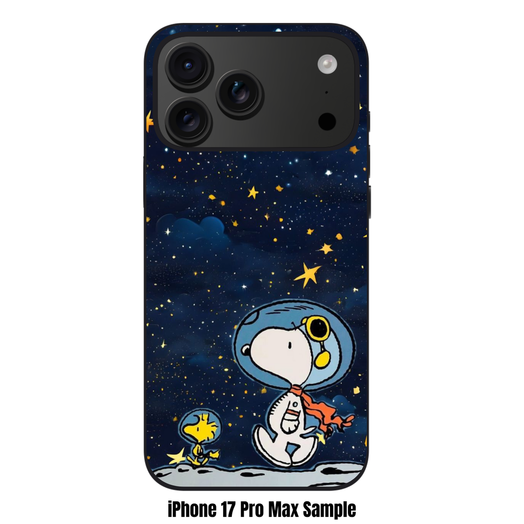 Peanuts Snoopy Phone Case For iPhone Samsung Galaxy Pixel - Peanuts Snoopy And Woodstock On Moon Under Starry Night Sky Background