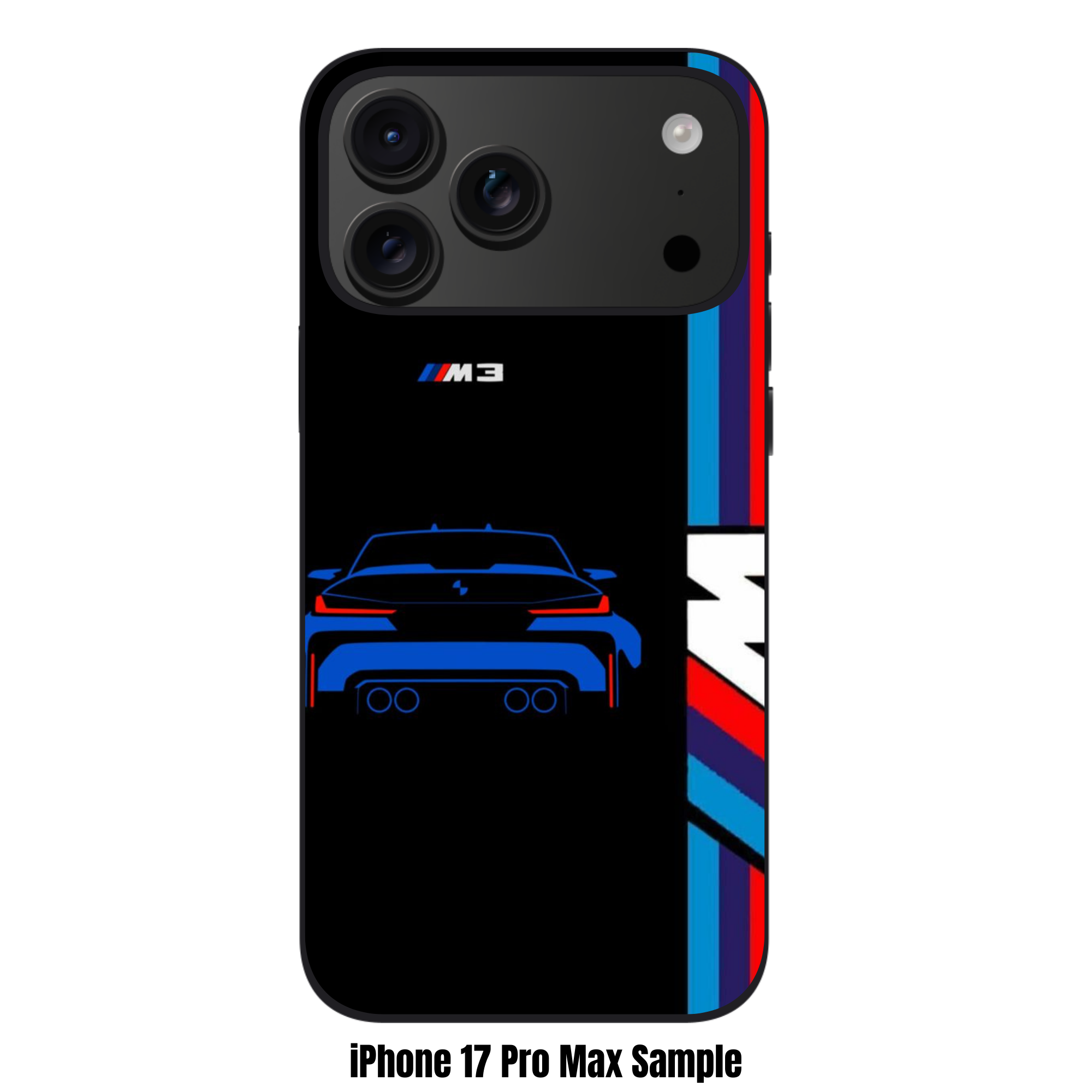 BMW Phone Case For iPhone Samsung Galaxy Pixel - BMW M3 Outlined Car And Vertical M Stripes On Black Background
