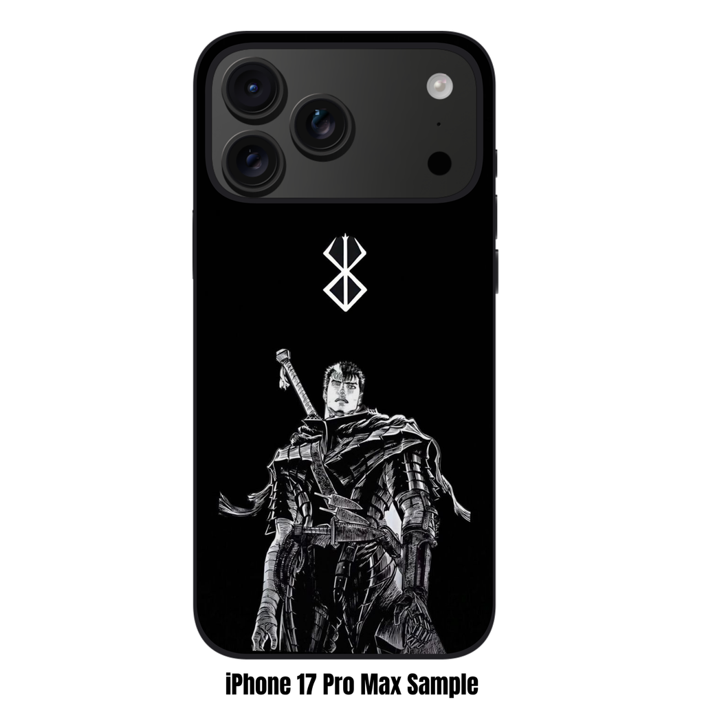 Berserk Guts Phone Case For iPhone Samsung Galaxy Pixel - Black And White Guts Under White Brand Of Sacrifice Symbol On Black Background