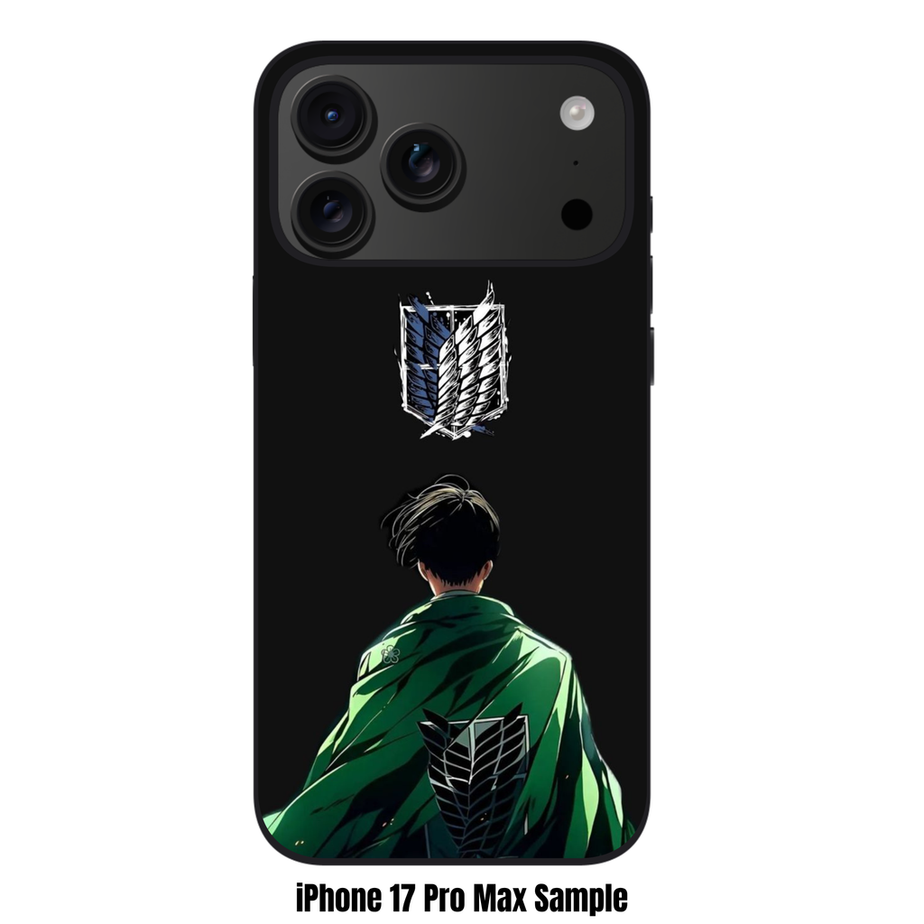 Attack on Titan Levi Phone Case For iPhone Samsung Galaxy Pixel - Levi Ackerman Facing Away Under Wings Of Freedom Emblem On Black Background