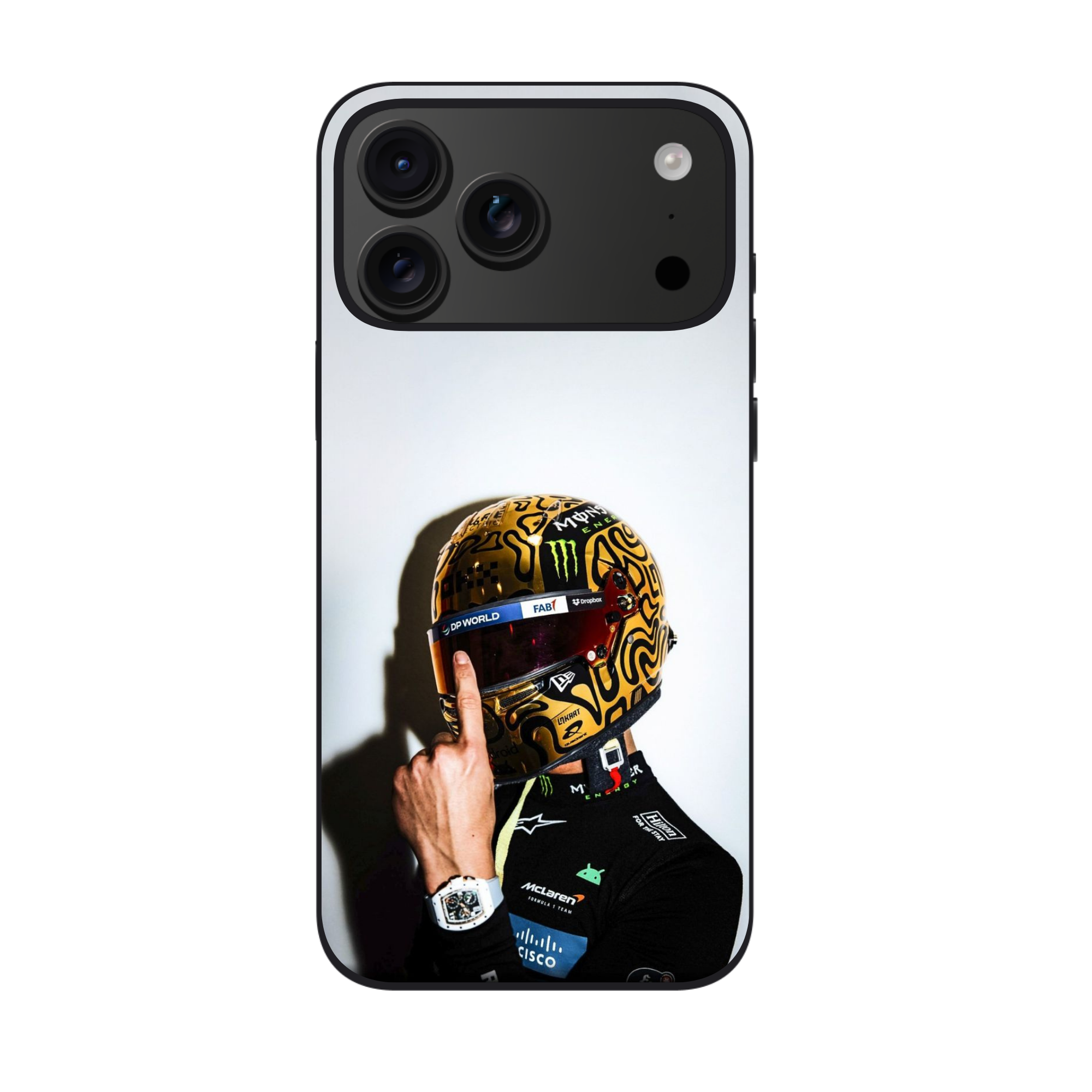 F1 Formula 1 Lando Norris Phone Case For iPhone Samsung Galaxy Pixel - Lando Norris Gold Chrome Blob Pattern Racing Helmet Shoulders Up Poster
