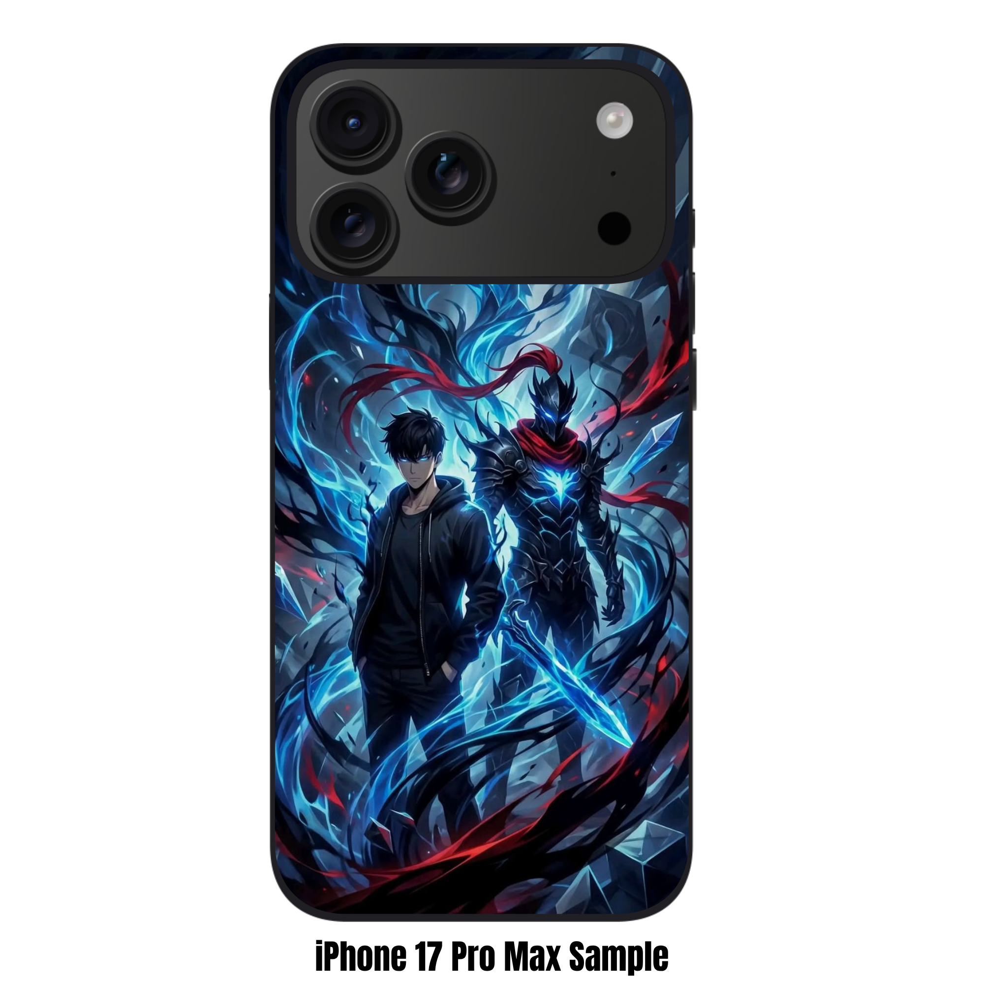 Solo Leveling Phone Case For iPhone Samsung Galaxy Pixel - Sung Jin woo And Igris Standing Together In Front Of Blue Crystals On Dark Background