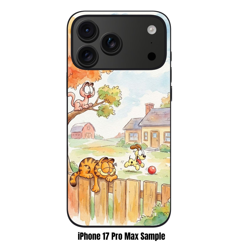 Garfield Phone Case For iPhone Samsung Galaxy Pixel - Garfield Napping On Fence With Arlene And Odie Watercolor Poster