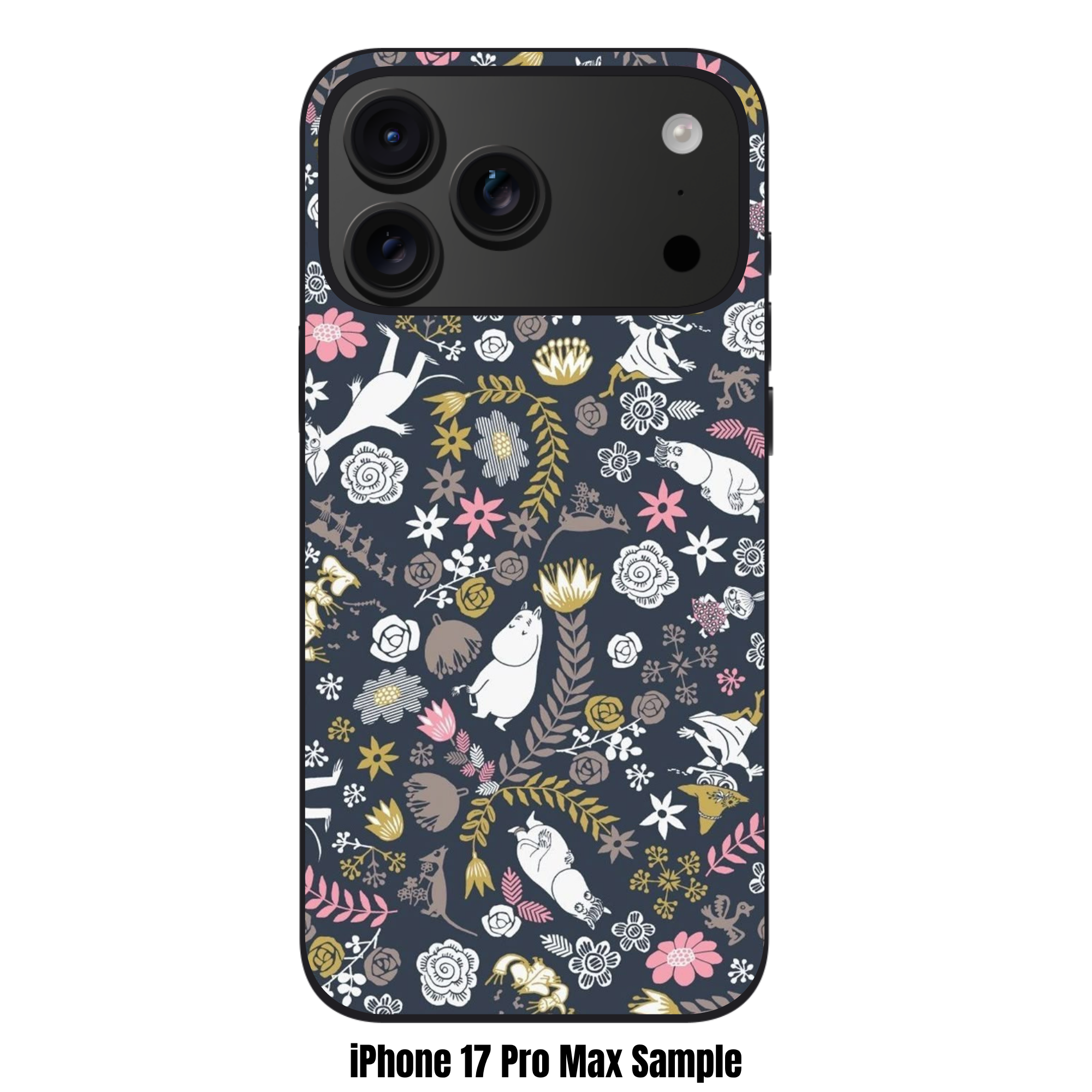 Moomins Phone Case For iPhone Samsung Galaxy Pixel - Moomin Characters And Flowers Pattern In Dark Blue Background