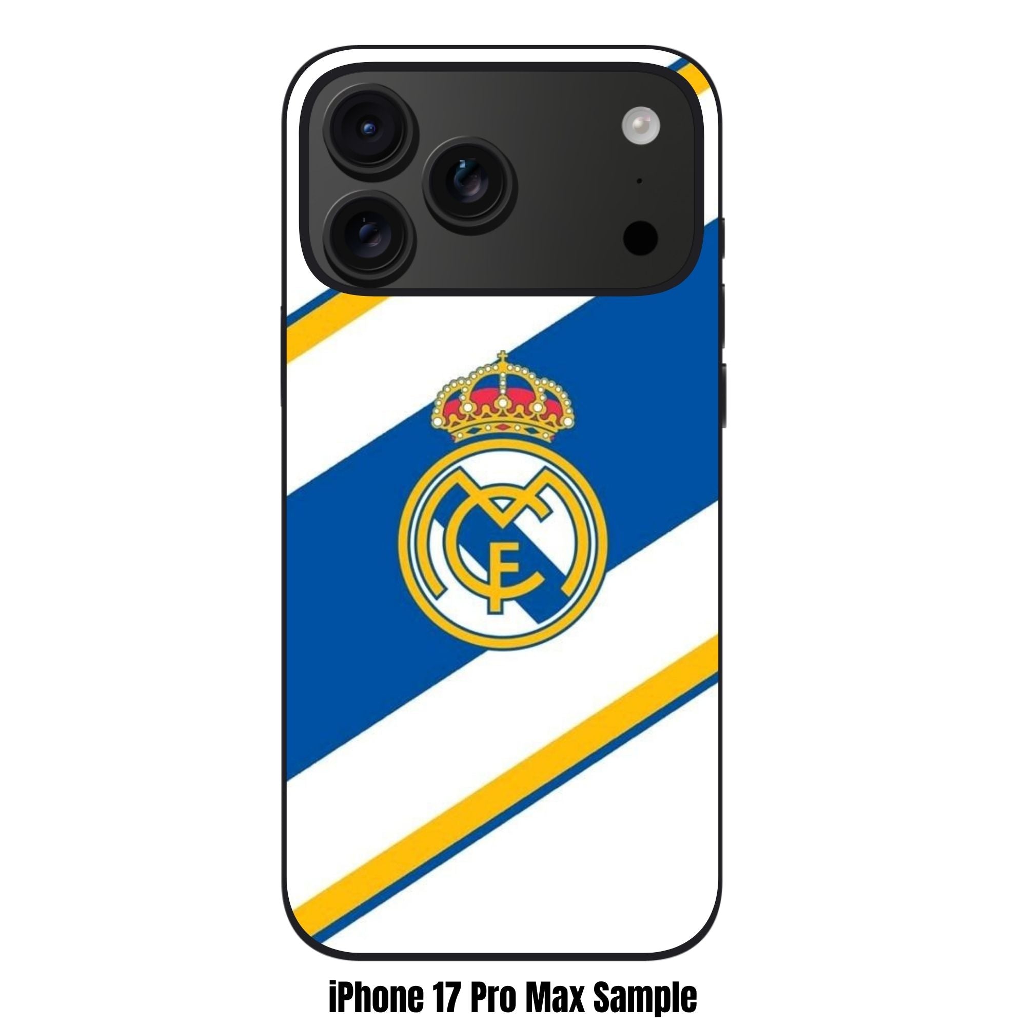 Real Madrid CF Phone Case For iPhone Samsung Galaxy Pixel - Real Madrid CF Logo On Diagonal Blue And Yellow Stripes With White Background
