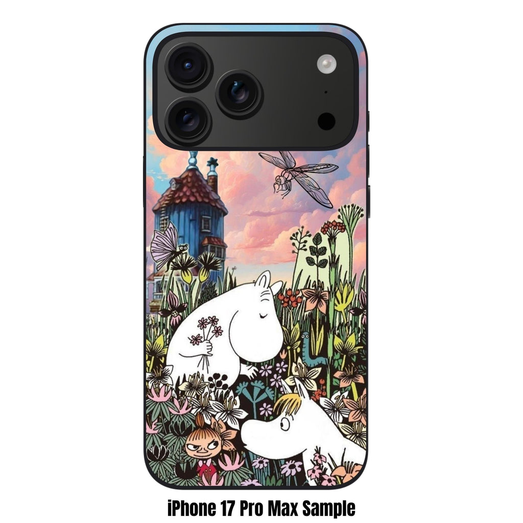 Moomins Phone Case For iPhone Samsung Galaxy Pixel - Moomin Characters In The Flower Garden Under Twilight Sky