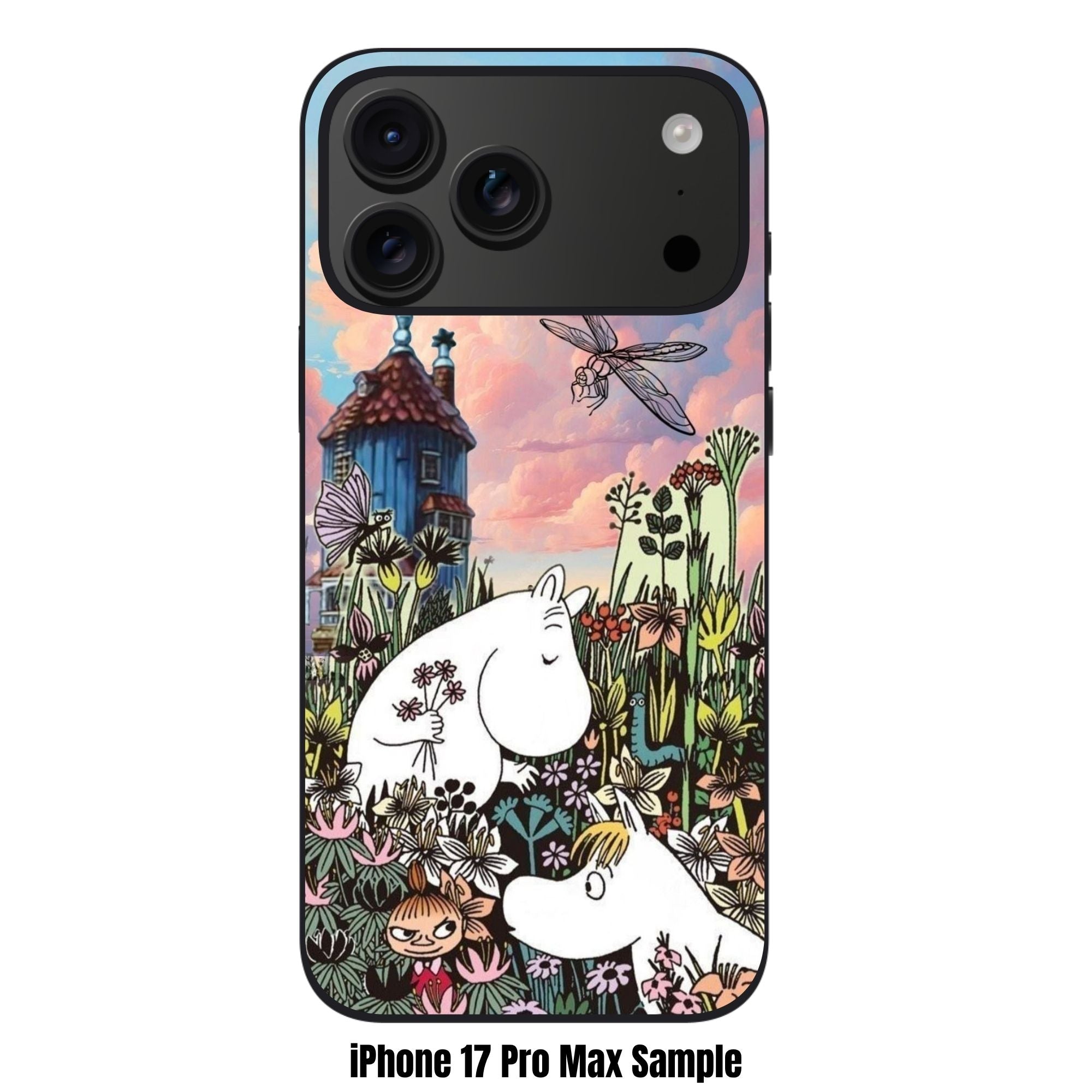 Moomins Phone Case For iPhone Samsung Galaxy Pixel - Moomin Characters In The Flower Garden Under Twilight Sky