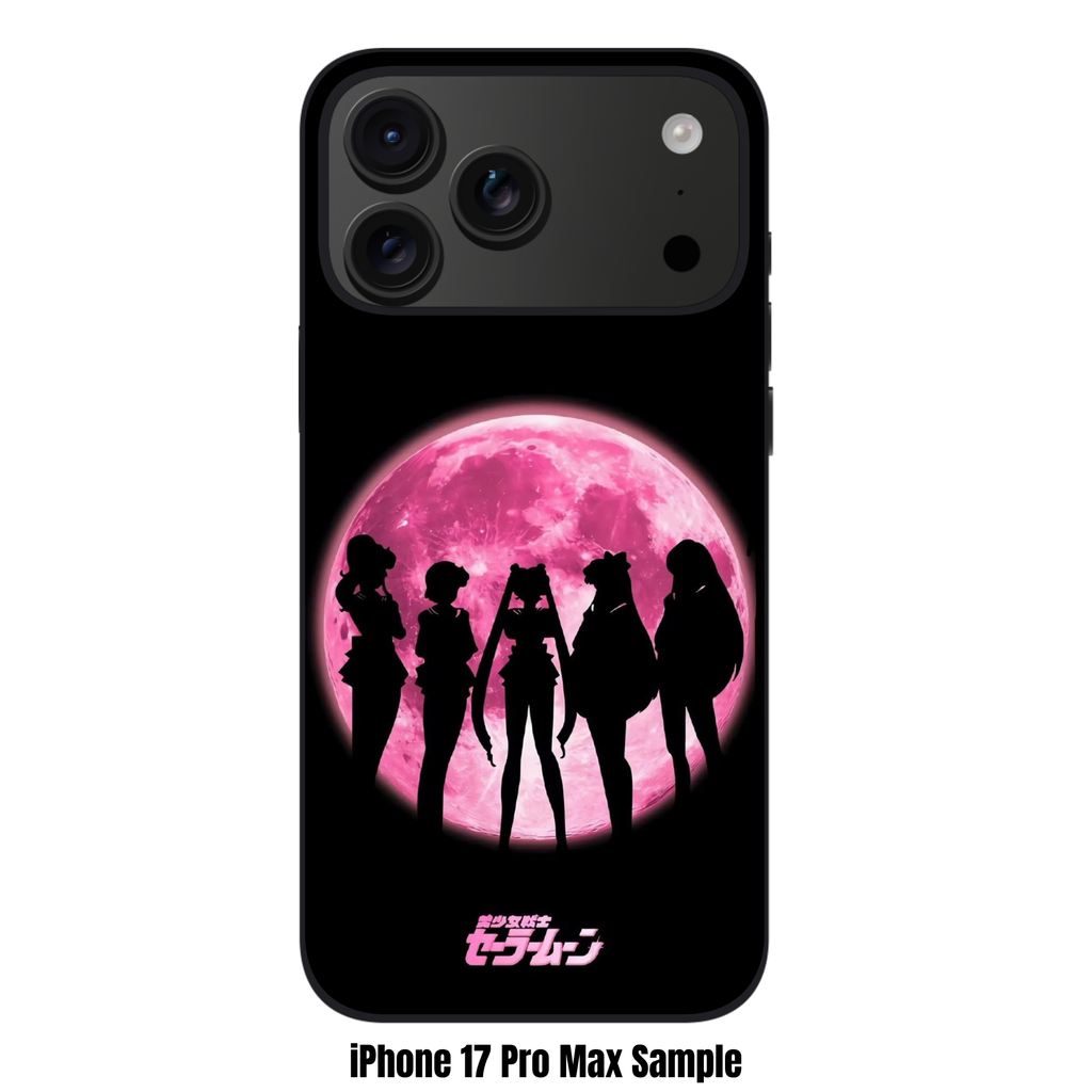 Sailor Moon Phone Case For iPhone Samsung Galaxy Pixel - Sailor Guardian Silhouettes On Pink Moon And Black Background