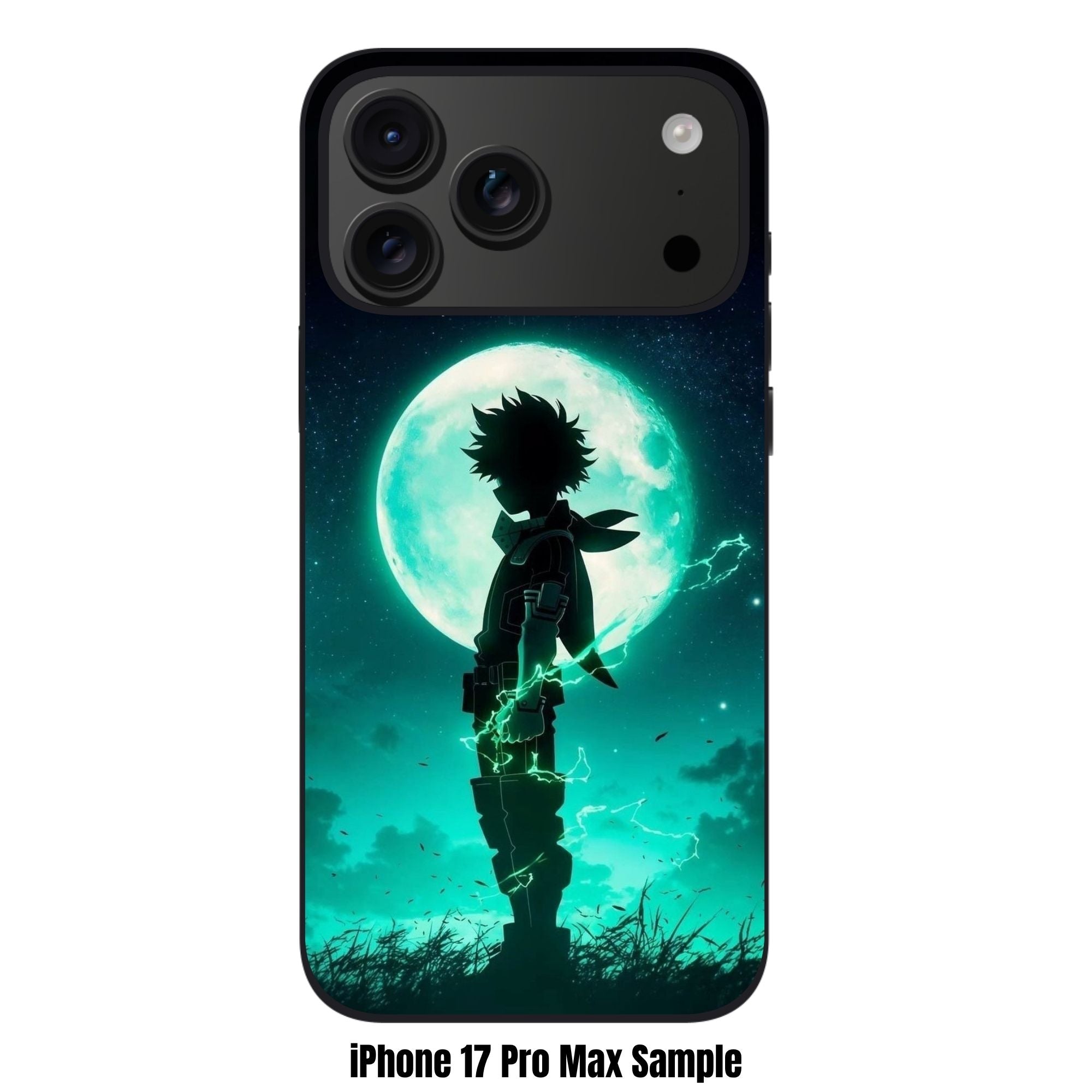 My Hero Academia Midoriya Phone Case For iPhone Samsung Galaxy Pixel - Deku Silhouette Sparking Green Lightning Sparks In Front Of A Giant Green Moon Background