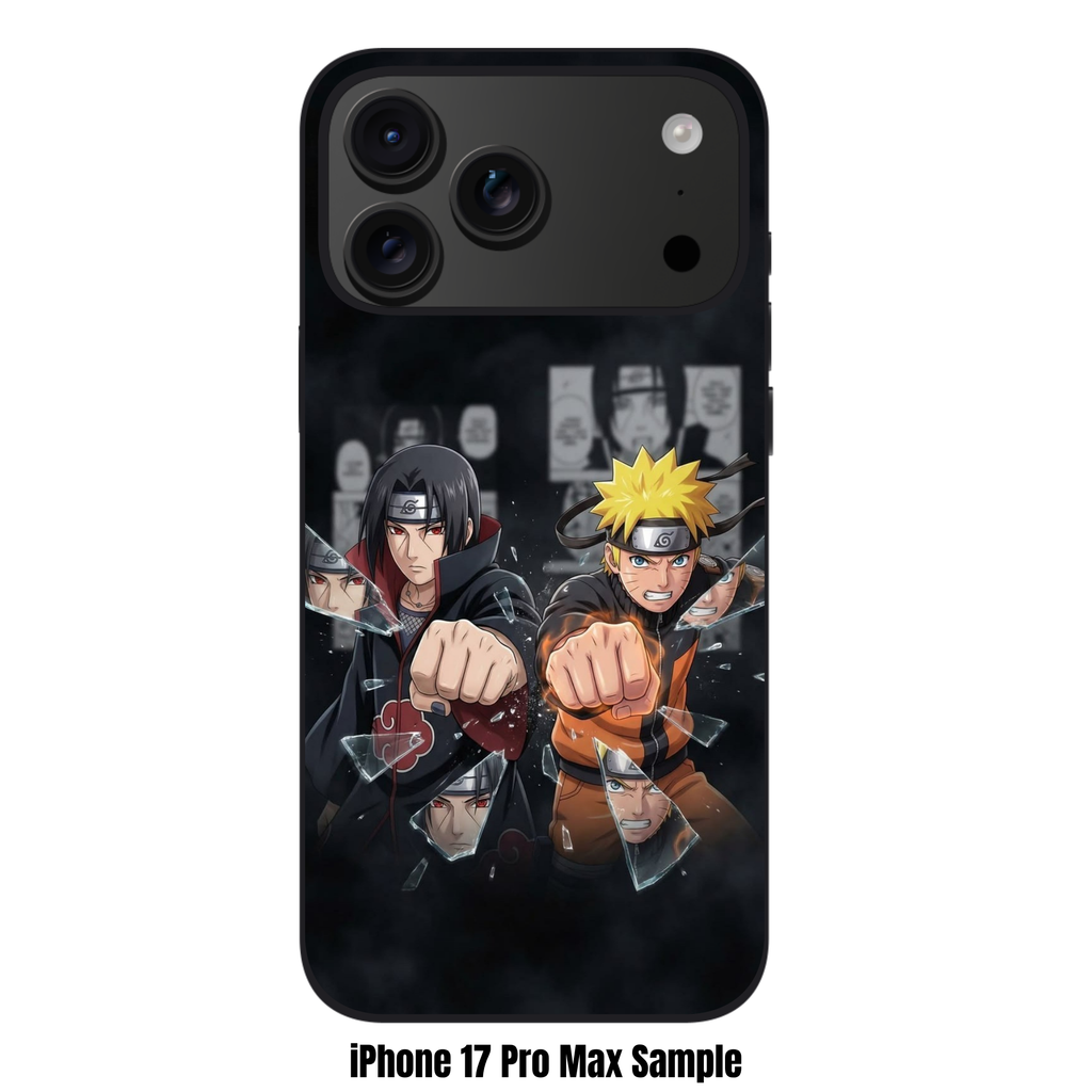 Naruto Phone Case For iPhone Samsung Galaxy Pixel - Itachi Uchiha And Naruto Uzumaki Punching Through Shattering Glass Over Manga Panels