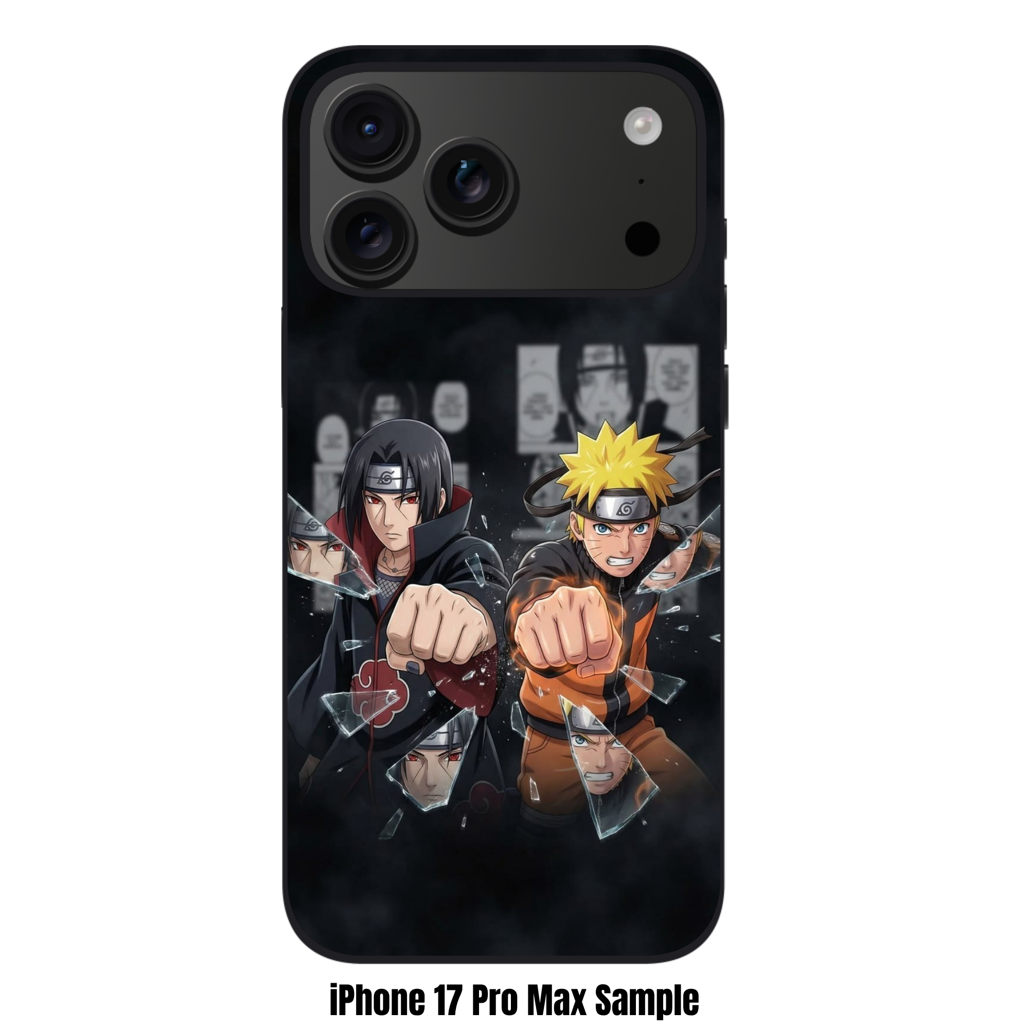 Naruto Phone Case For iPhone Samsung Galaxy Pixel - Itachi Uchiha And Naruto Uzumaki Punching Through Shattering Glass Over Manga Panels