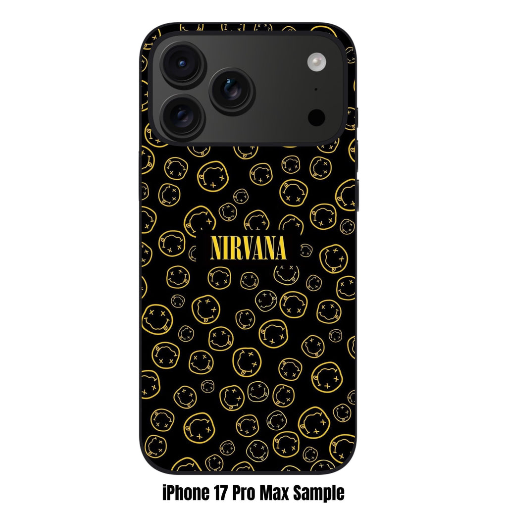 Nirvana Phone Case For iPhone Samsung Galaxy Pixel - Nirvana Smiley Face Repeated Logo Pattern In Black Background