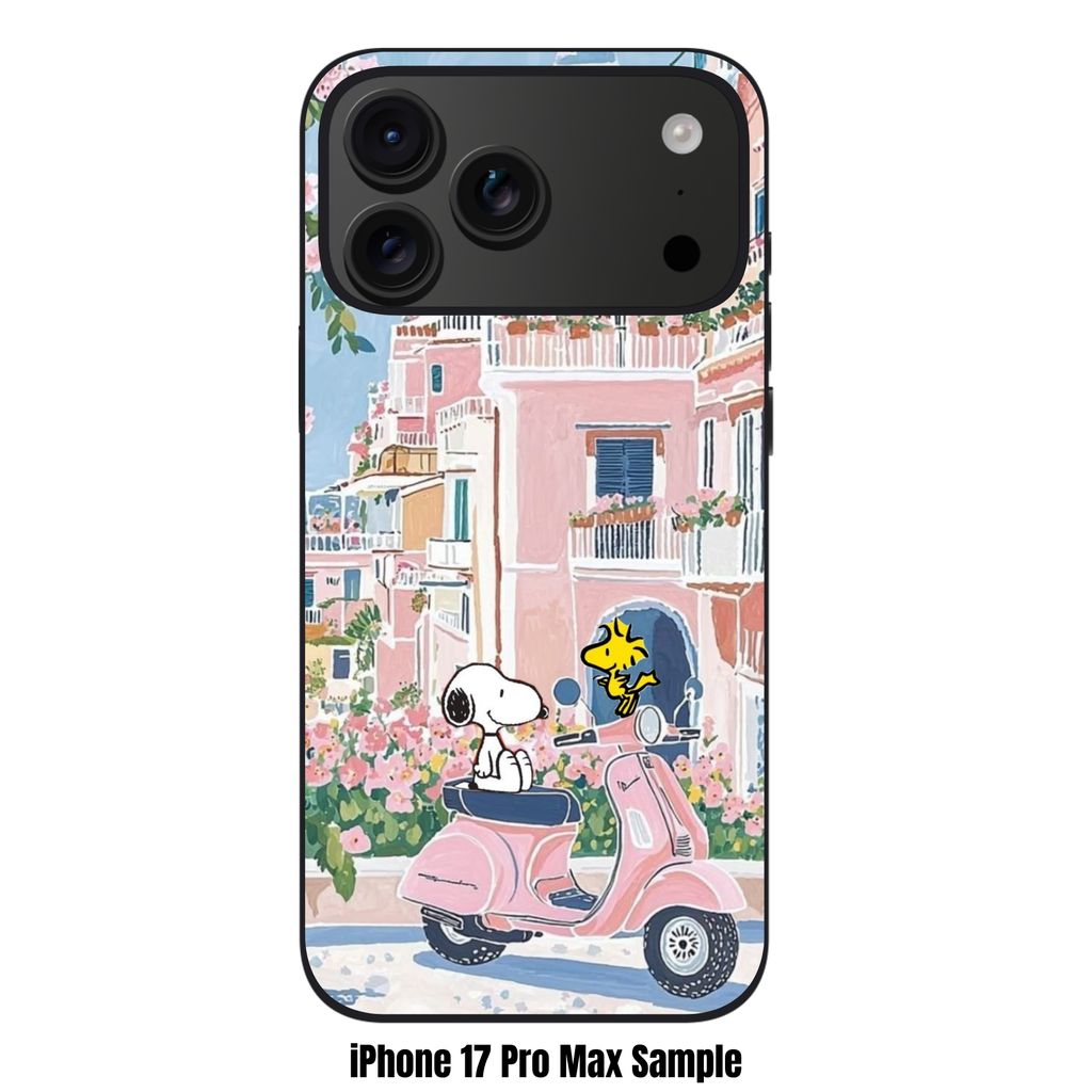 Peanuts Snoopy Phone Case For iPhone Samsung Galaxy Pixel - Peanuts Snoopy And Woodstock On A Pink Scooter With Amalfi Coast Background