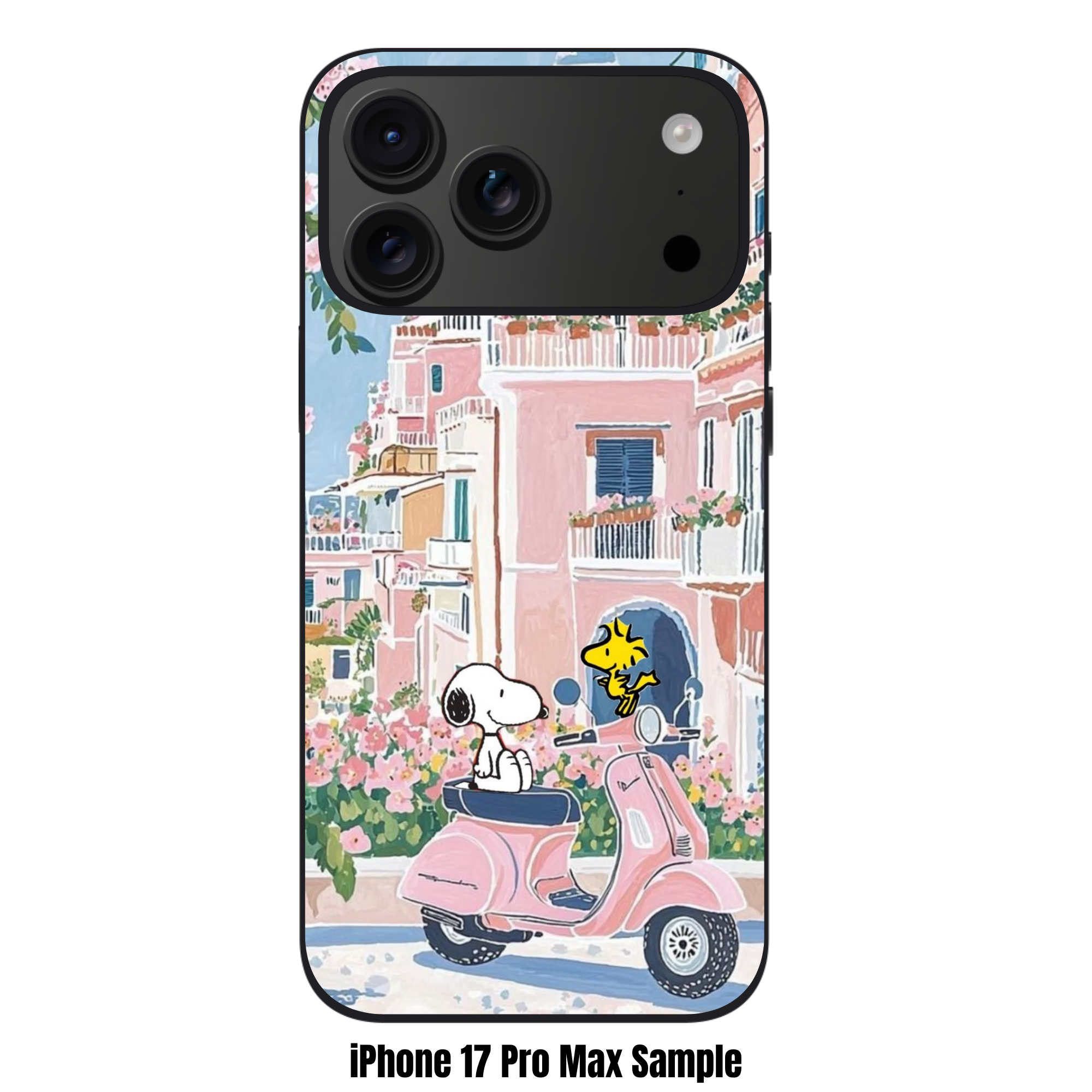 Peanuts Snoopy Phone Case For iPhone Samsung Galaxy Pixel - Peanuts Snoopy And Woodstock On A Pink Scooter With Amalfi Coast Background