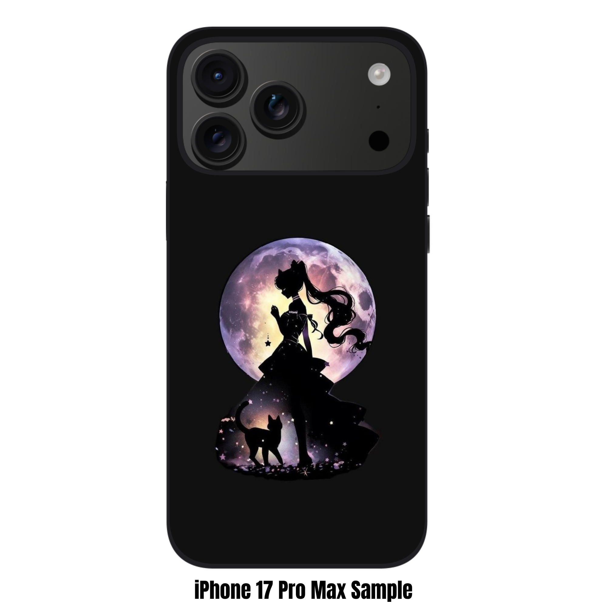 Sailor Moon Phone Case For iPhone Samsung Galaxy Pixel - Sailor Moon Silhouette With Luna And Purple Moon On Black Background