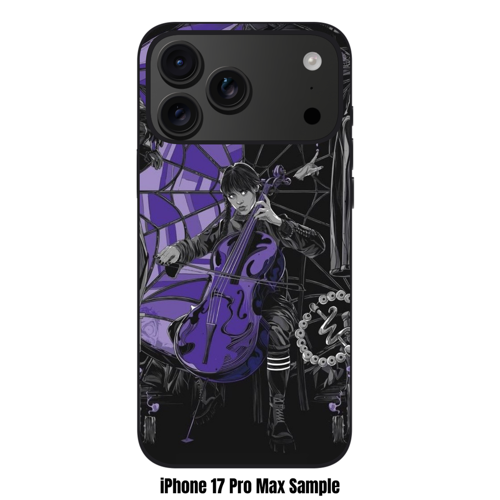 Wednesday Phone Case For iPhone Samsung Galaxy Pixel - Wednesday Addams Playing Purple Cello In Front Of Spiderweb Window Poster