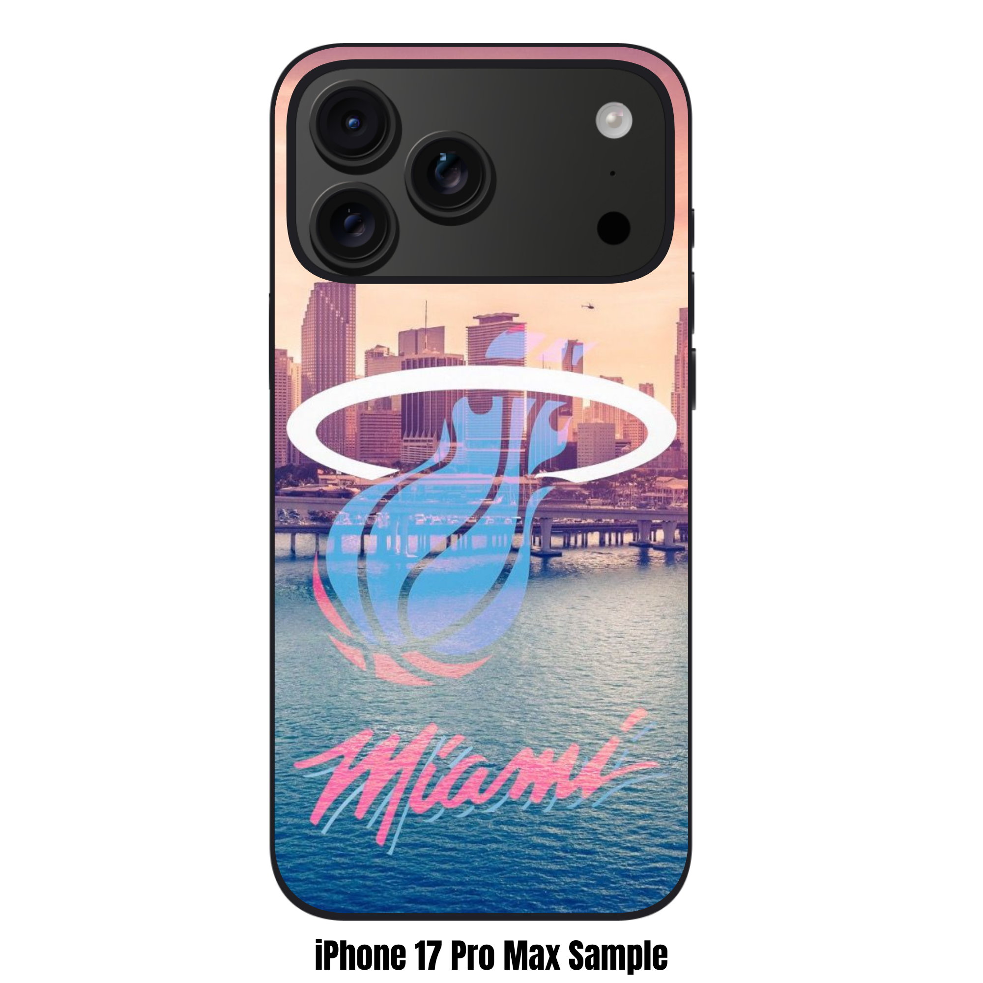 NBA Miami Heat Phone Case For iPhone Samsung Galaxy Pixel - Miami Heat Vice City Logo Over Miami Skyline Background