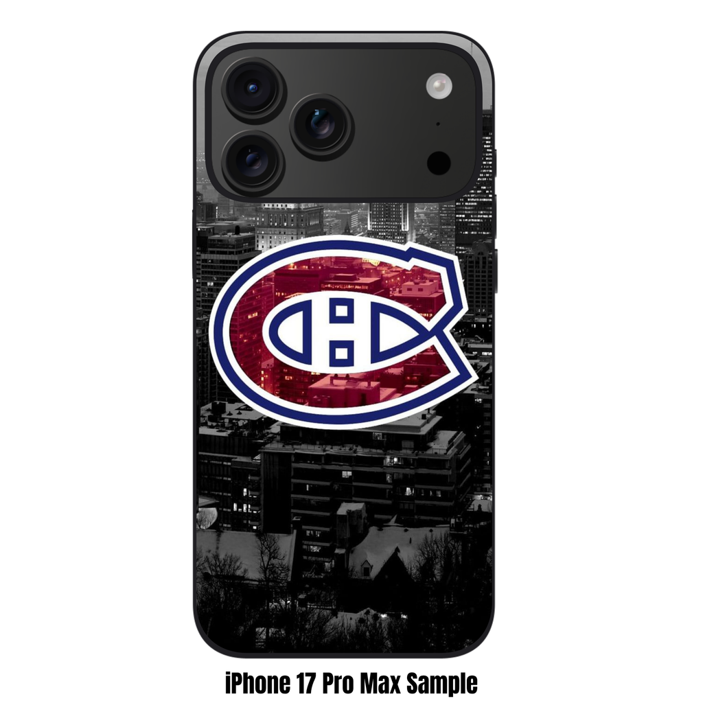 NHL Montreal Canadiens Phone Case For iPhone Samsung Galaxy Pixel - Montreal Canadiens Logo On Black And White City Skyline Background