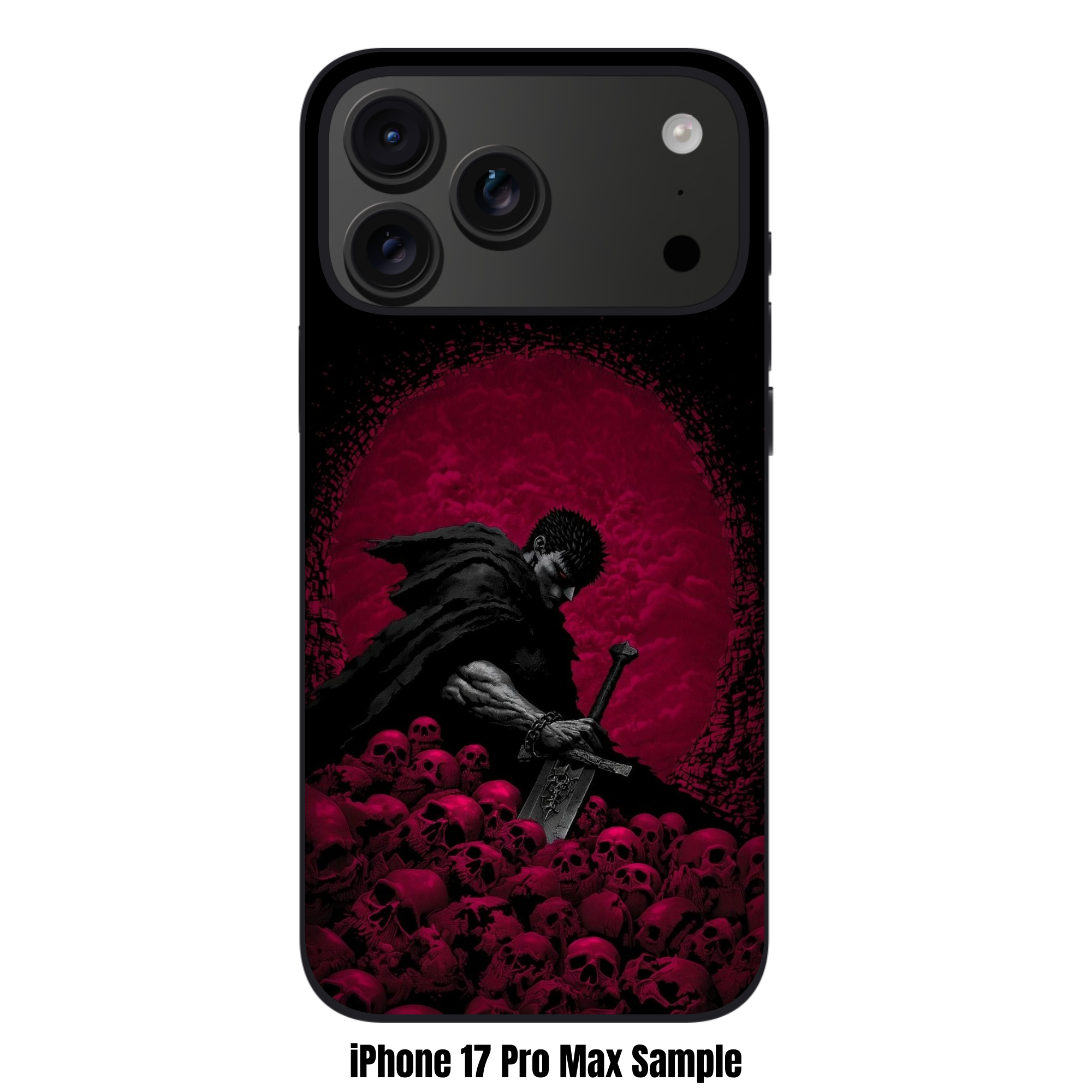 Berserk Guts Phone Case For iPhone Samsung Galaxy Pixel - Guts Resting On Pile Of Skulls Under Blood Moon Sky Background