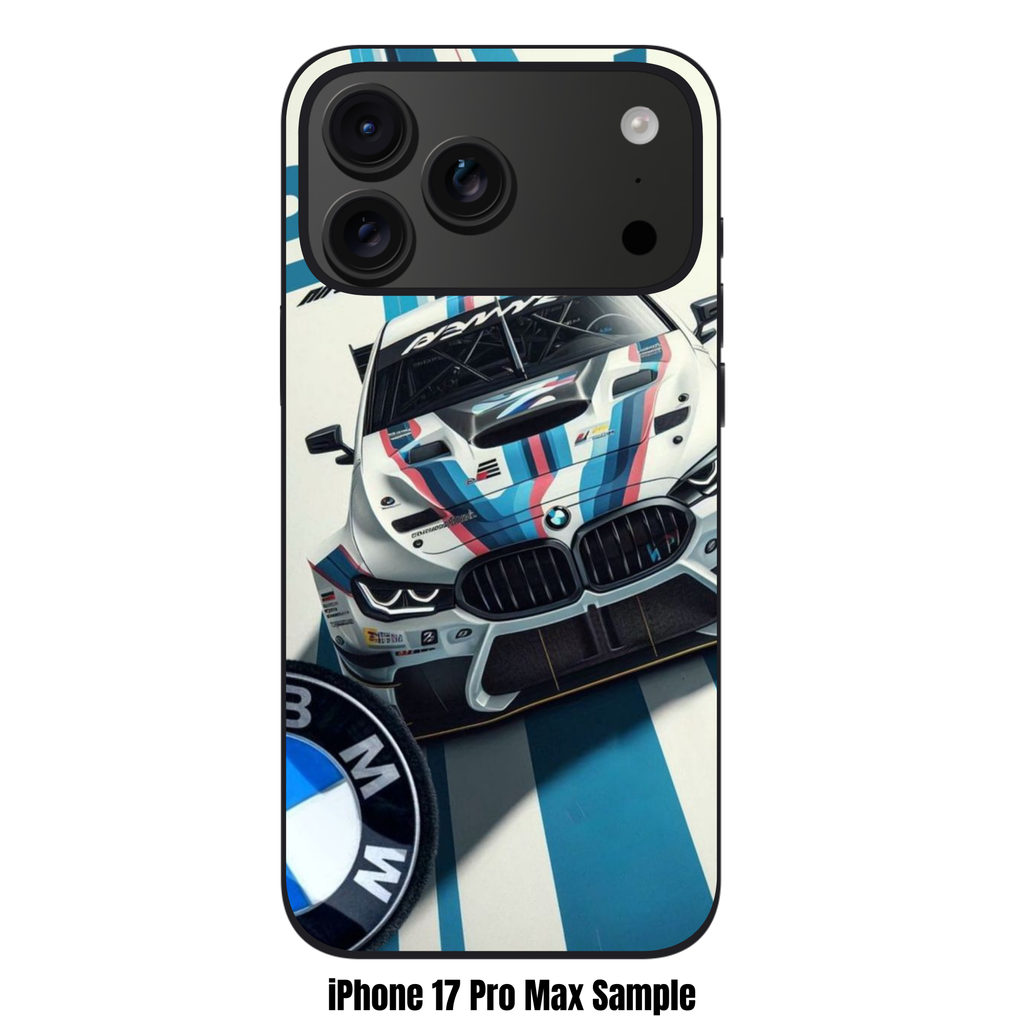 BMW Phone Case For iPhone Samsung Galaxy Pixel - BMW M4 GT3 Car And Logo On Blue And White Stripes Background