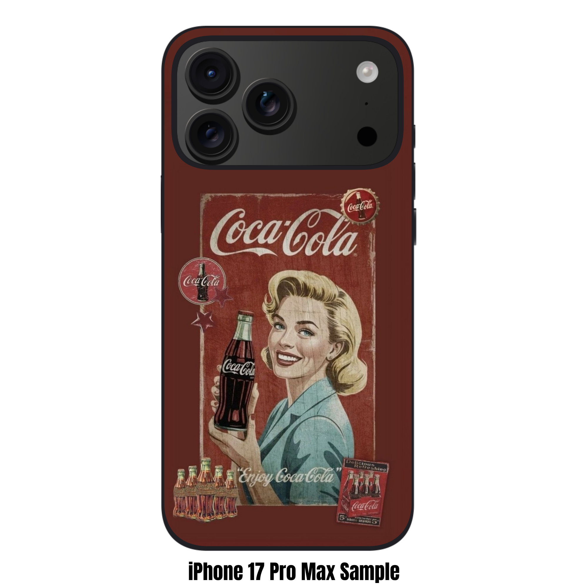 Coca Cola Phone Case For iPhone Samsung Galaxy Pixel - Vintage Coca Cola Pin Up Girl Retro Advertising Collage On Maroon Background