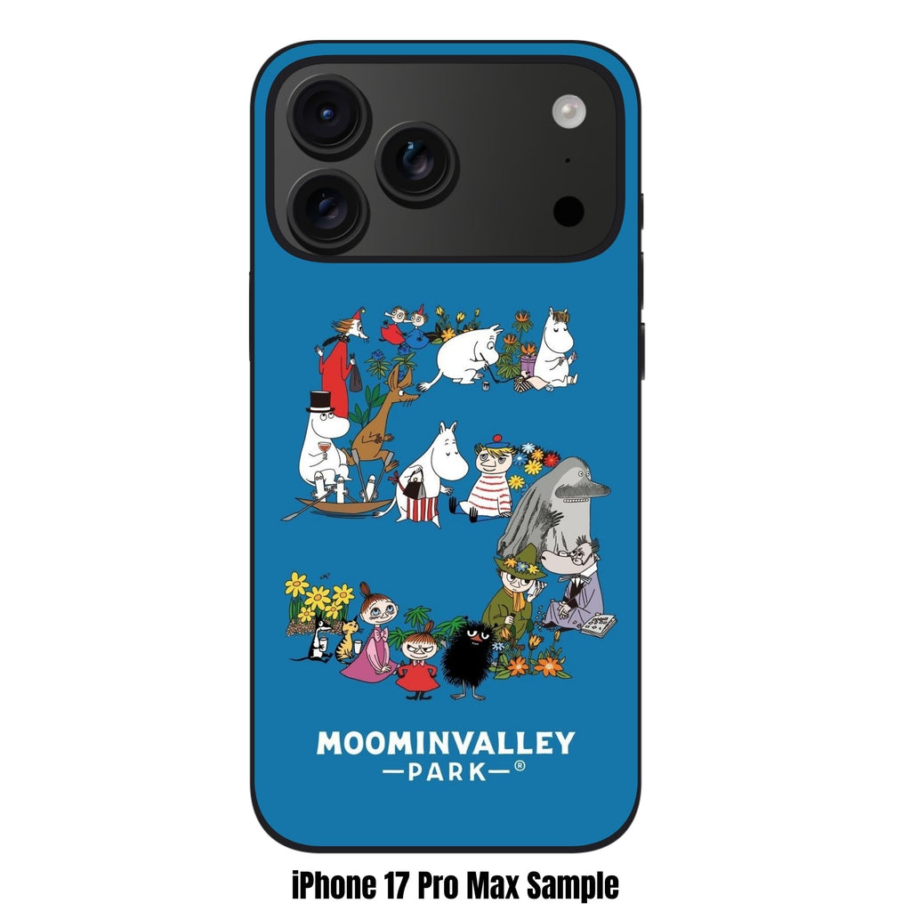 Moomins Phone Case For iPhone Samsung Galaxy Pixel - Moomin Characters In Number Five Shape With Moominvalley Park Logo In Blue Background