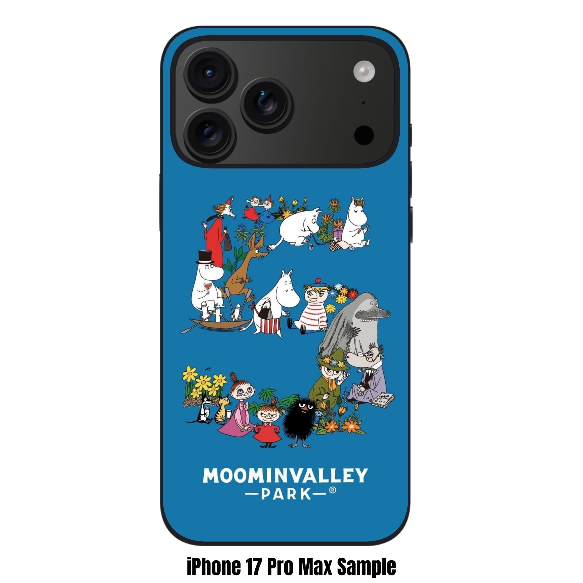 Moomins Phone Case For iPhone Samsung Galaxy Pixel - Moomin Characters In Number Five Shape With Moominvalley Park Logo In Blue Background