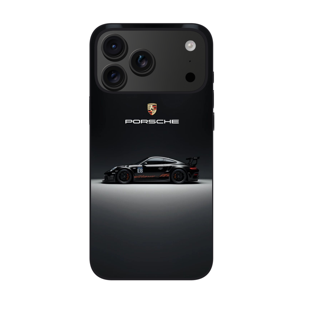 Porsche Phone Case For iPhone Samsung Galaxy Pixel - Porsche Logo And Porsche GT3 RS Spotlight Effect On Dark Background