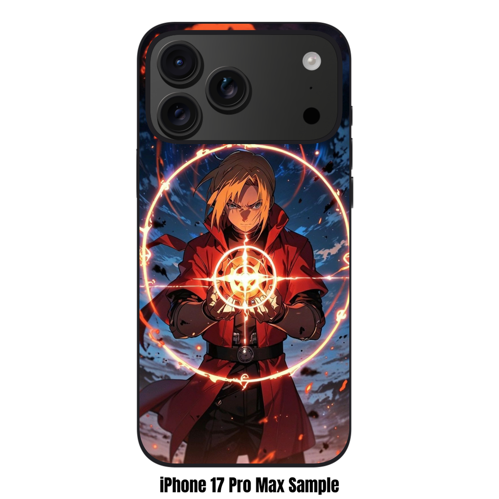 Fullmetal Alchemist Edward Phone Case For iPhone Samsung Galaxy Pixel - Edward Elric Performing Alchemy Within A Flaming Transmutation Circle On Dark Blue Background