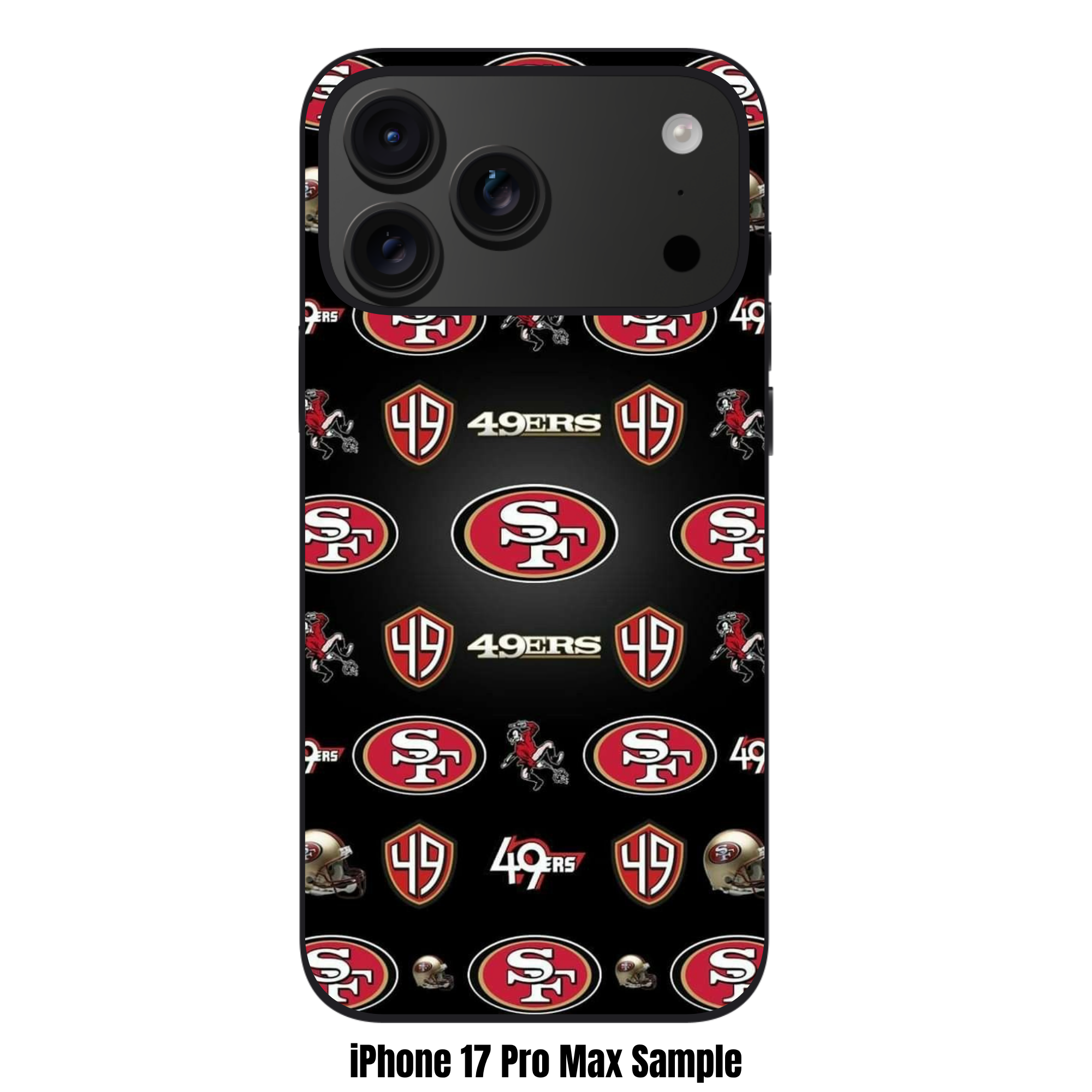 NFL San Francisco 49ers Phone Case For iPhone Samsung Galaxy Pixel - San Francisco 49ers Logos And Helmets Repeating Pattern On Black Background