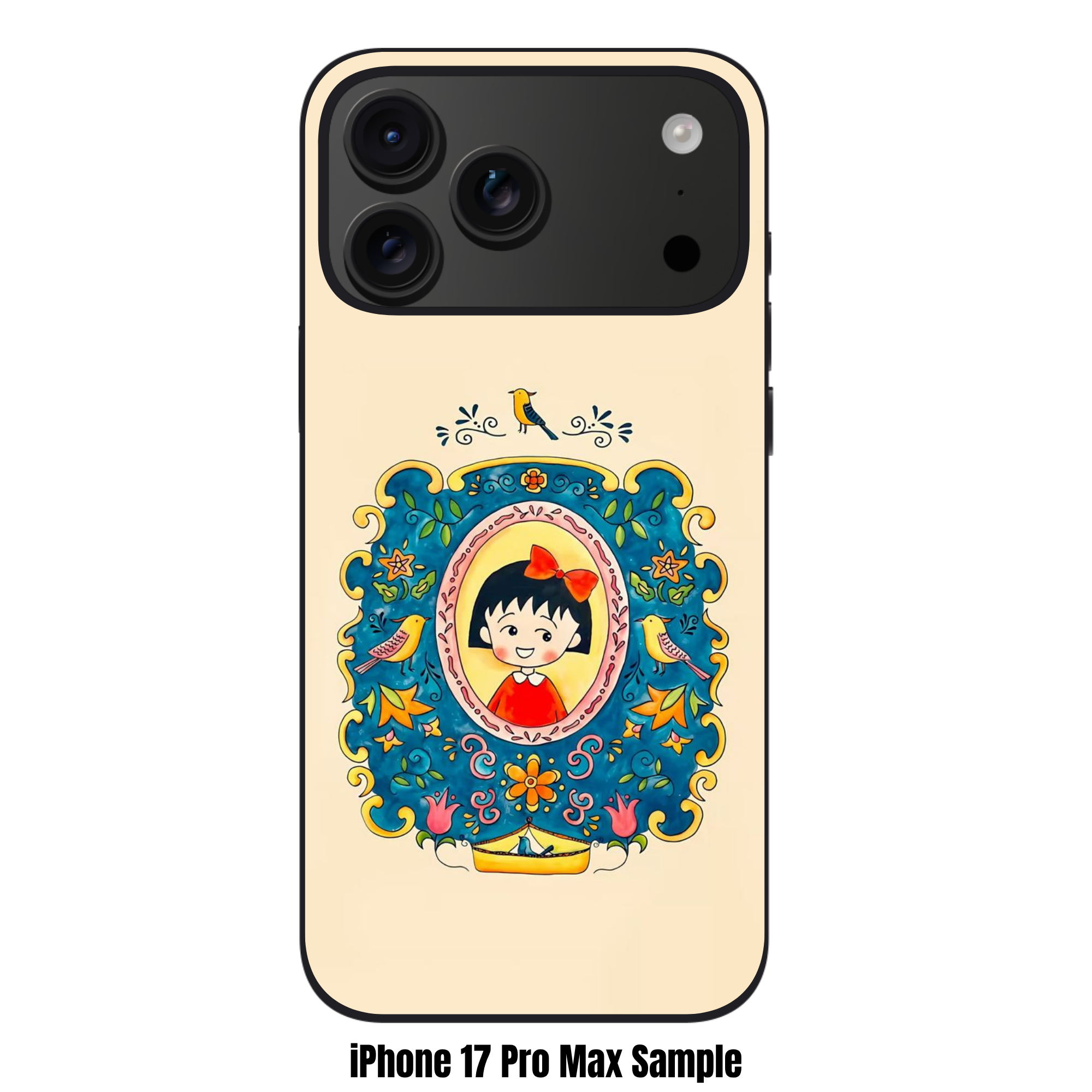 Chibi Maruko Chan Phone Case For iPhone Samsung Galaxy Pixel - Chibi Maruko Chan Folk Art Floral Emblem On Beige Background