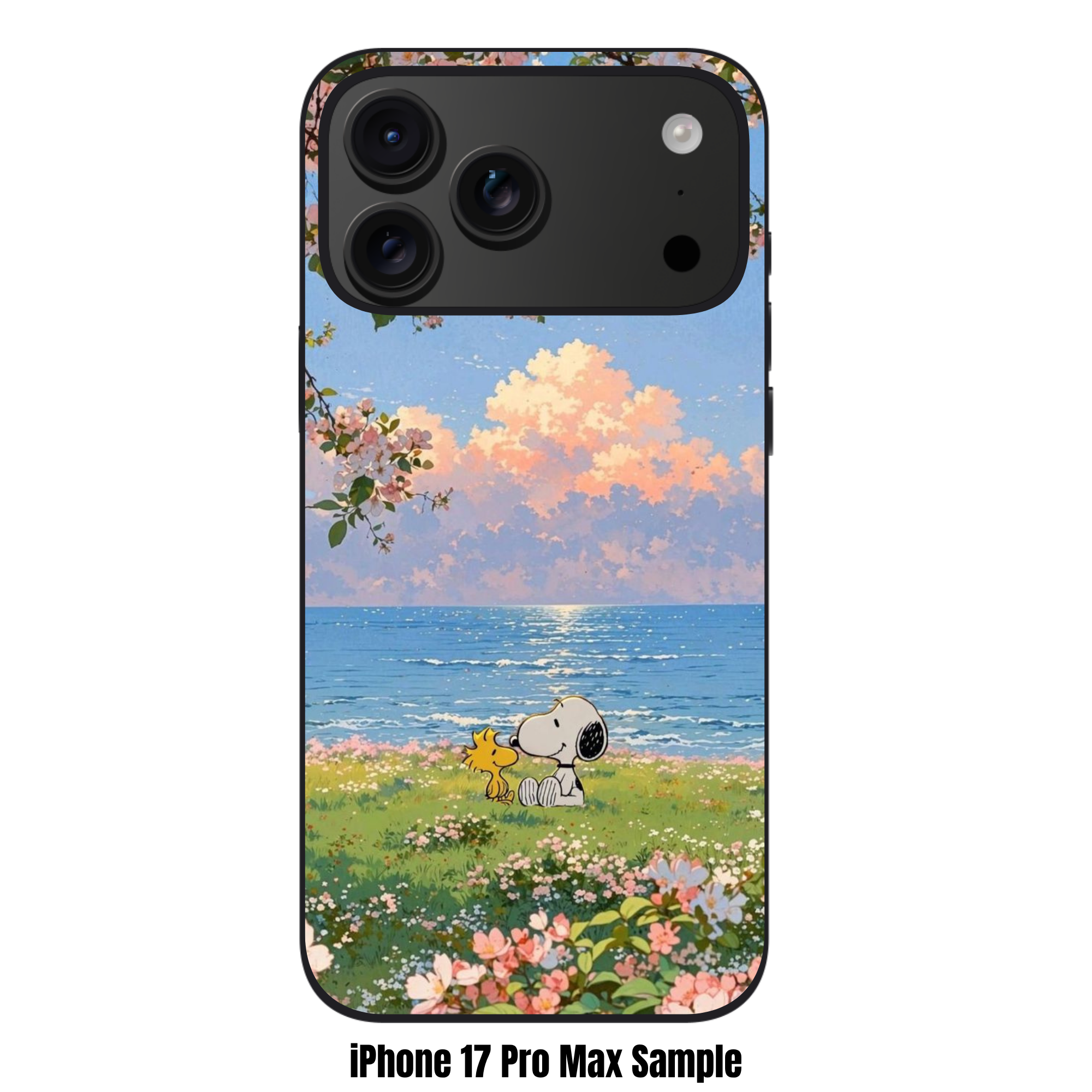 Peanuts Snoopy Phone Case For iPhone Samsung Galaxy Pixel - Peanuts Snoopy And Woodstock Sitting In Flower Field Under Cherry Blossoms With Blue Ocean And Sunset Cloud Background