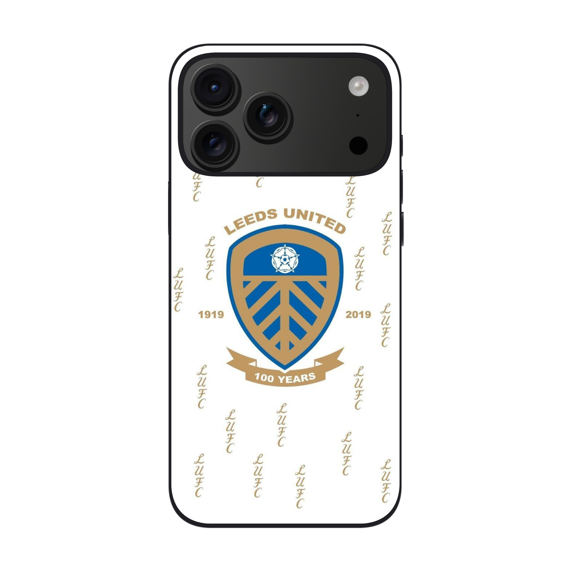 Leeds United FC Phone Case For iPhone Samsung Galaxy Pixel - Leeds United FC Centenary Crest On White Patterned Background