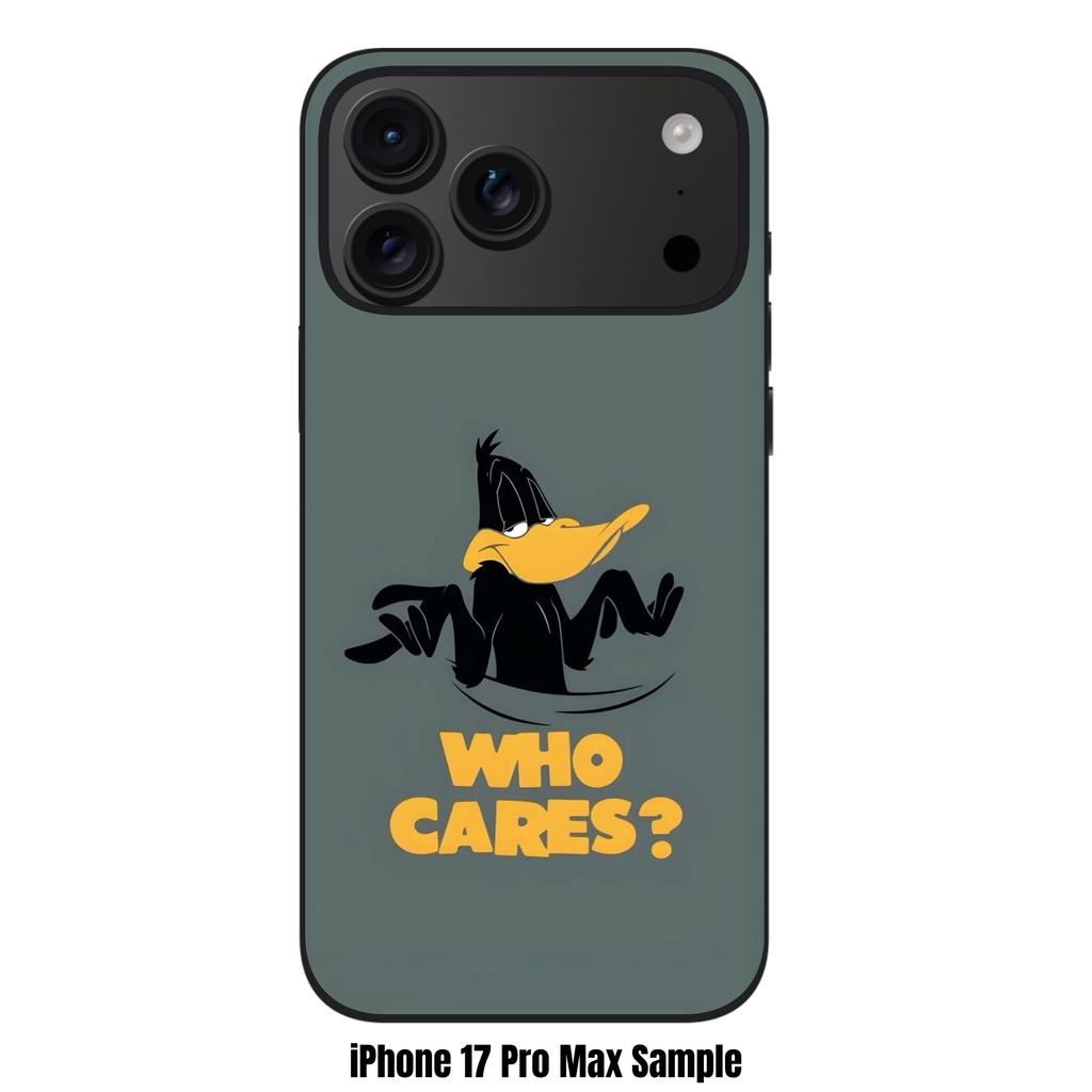 Looney Tunes Daffy Duck Phone Case For iPhone Samsung Galaxy Pixel - Daffy Duck Shrugging With Who Cares Text In Olive Gray Background