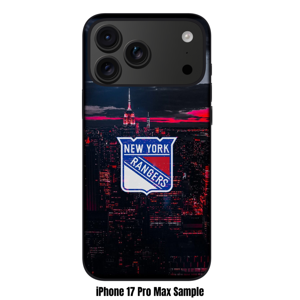 NHL New York Rangers Phone Case For iPhone Samsung Galaxy Pixel - New York Rangers Logo On New York City Skyline Background