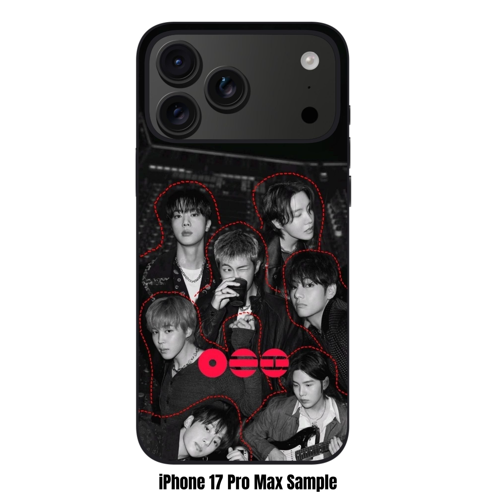BTS Phone Case For iPhone Samsung Galaxy Pixel - BTS Members Group Photo With Red Logo Graphic On Black And White Background