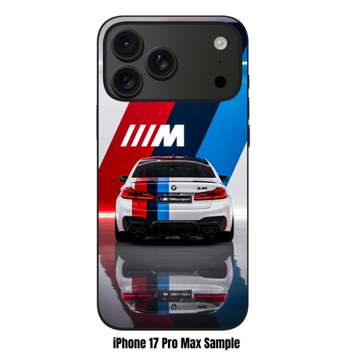BMW Phone Case For iPhone Samsung Galaxy Pixel - BMW M5 MotoGP Safety Car And M Stripes On Reflective Floor Background