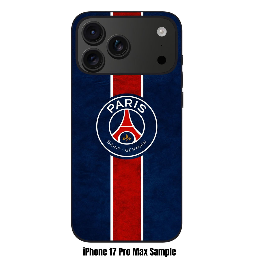 Paris Saint Germain FC Phone Case For iPhone Samsung Galaxy Pixel - Paris Saint Germain FC Crest On Textured Blue Background With Vertical Red Stripe