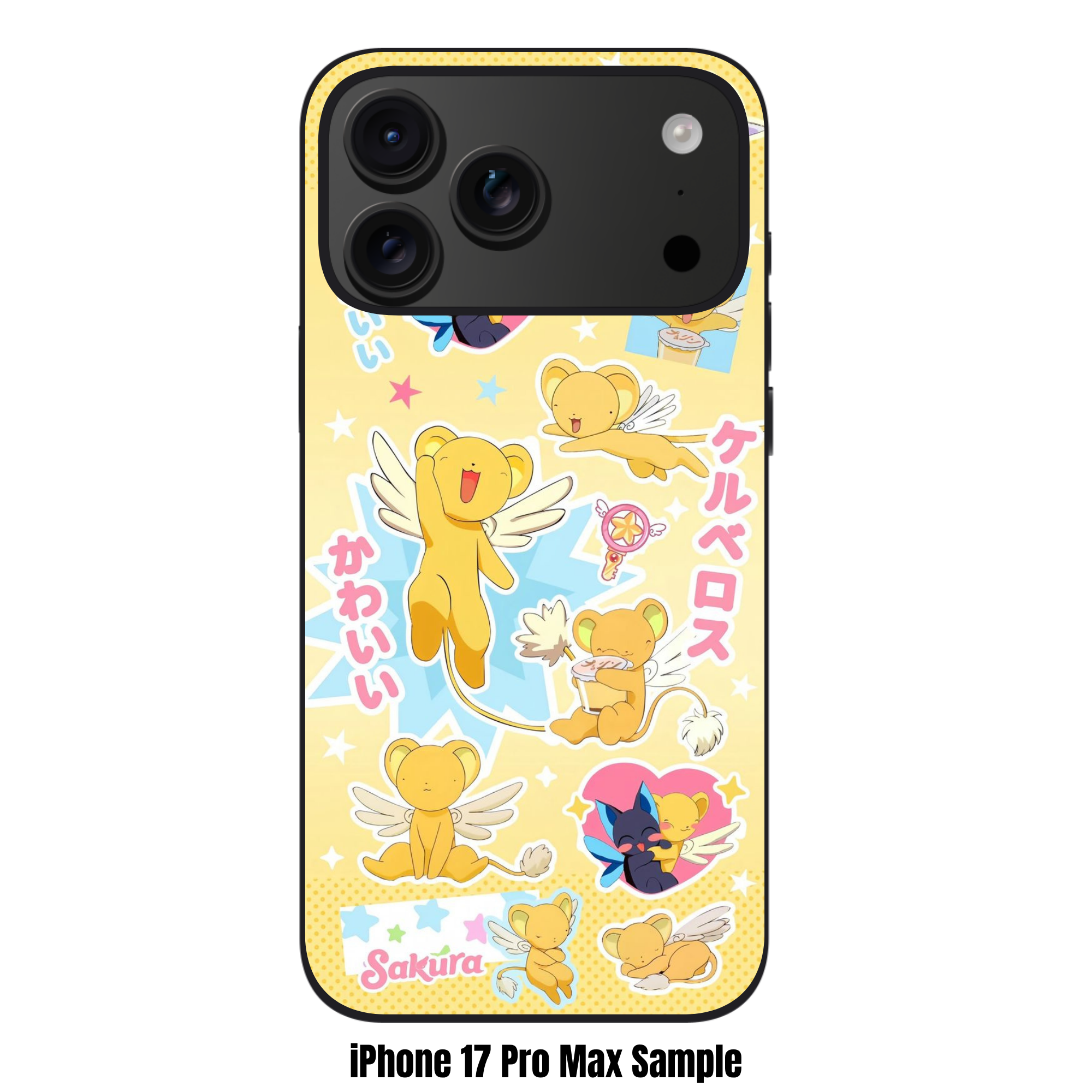 Cardcaptor Sakura Keroberos Phone Case For iPhone Samsung Galaxy Pixel - Keroberos Sticker Pattern On Yellow Dotted Background