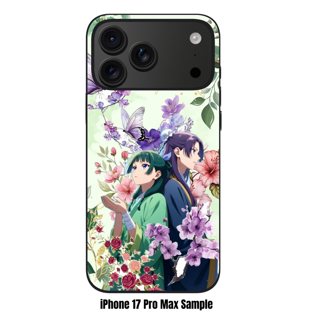The Apothecary Diaries Phone Case For iPhone Samsung Galaxy Pixel - Maomao And Jinshi Back To Back Surrounded By Butterflies And Various Flowers On Light Green Background