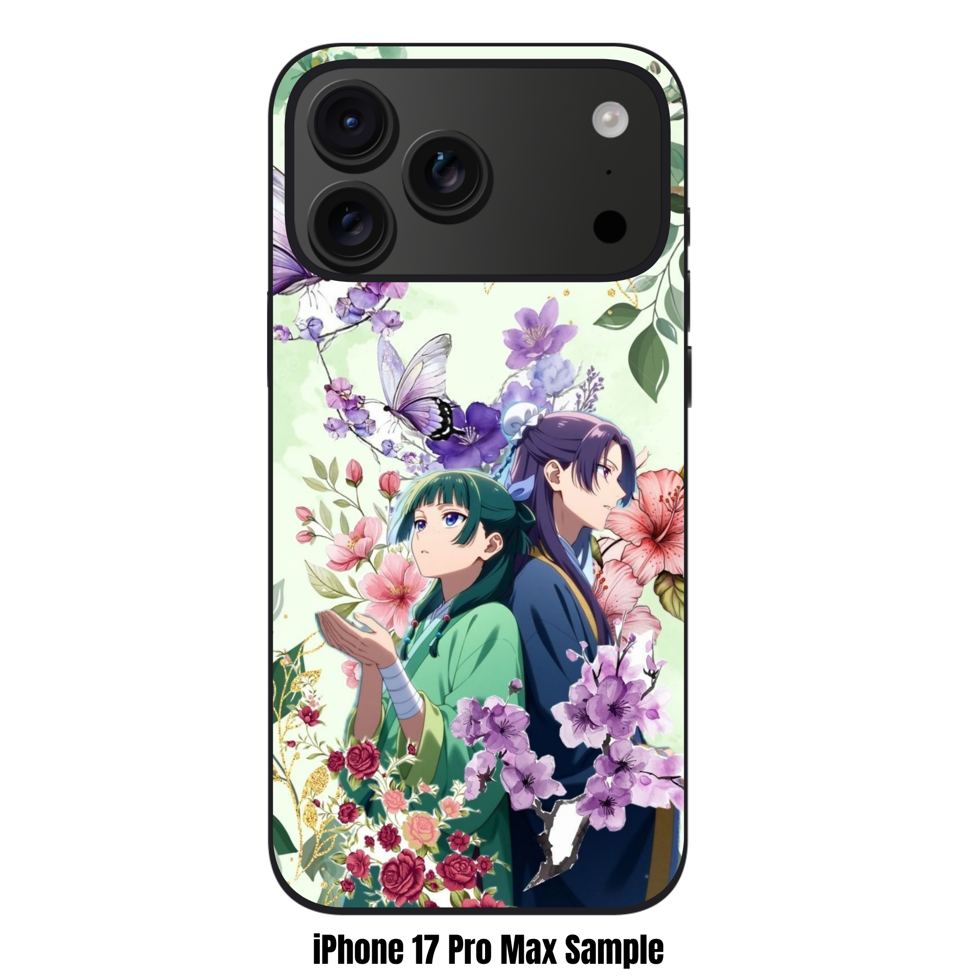 The Apothecary Diaries Phone Case For iPhone Samsung Galaxy Pixel - Maomao And Jinshi Back To Back Surrounded By Butterflies And Various Flowers On Light Green Background