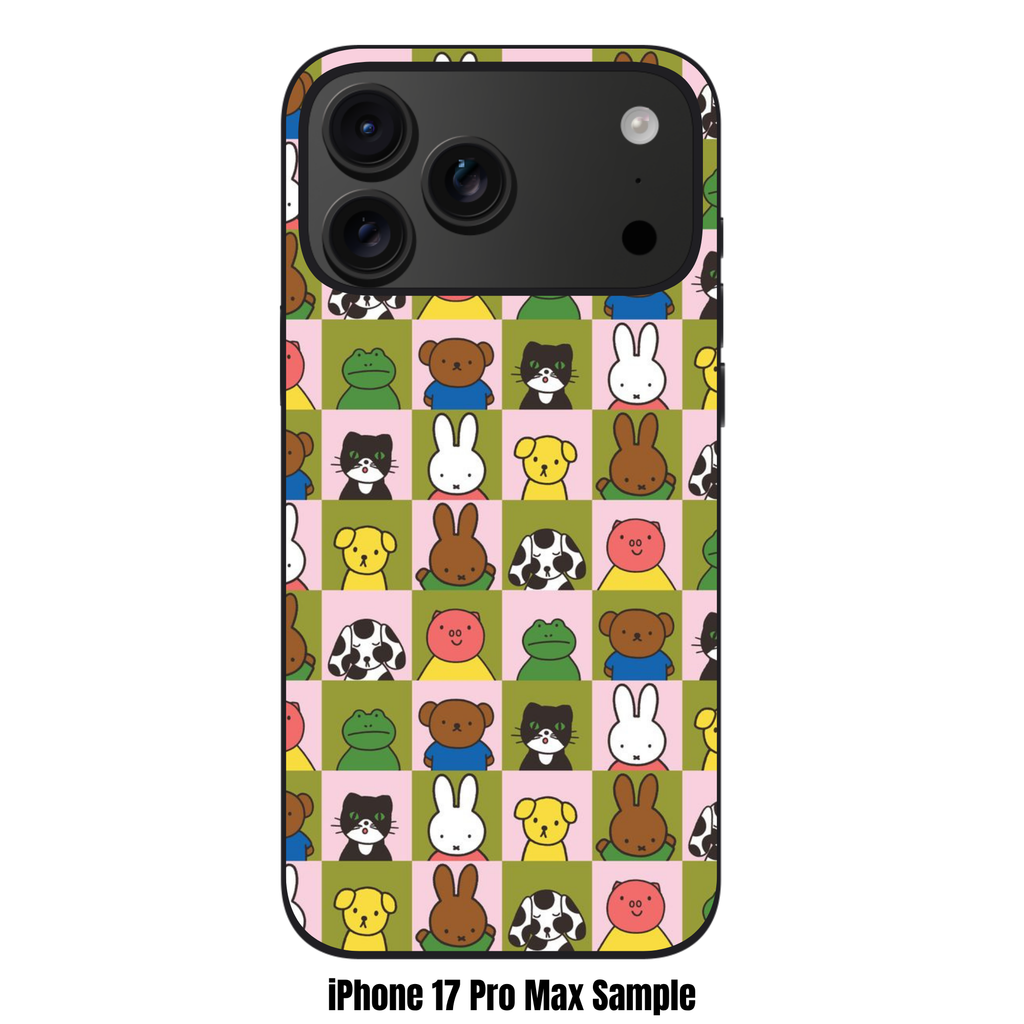 Miffy Phone Case For iPhone Samsung Galaxy Pixel - Miffy And Friends Checkerboard Pattern In Pink And Olive Green Background