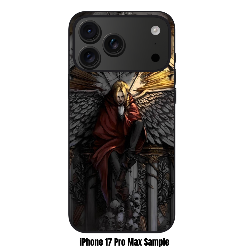 Fullmetal Alchemist Edward Phone Case For iPhone Samsung Galaxy Pixel - Edward Elric Sitting On Throne Of Skulls With Large Wings On Stone Background