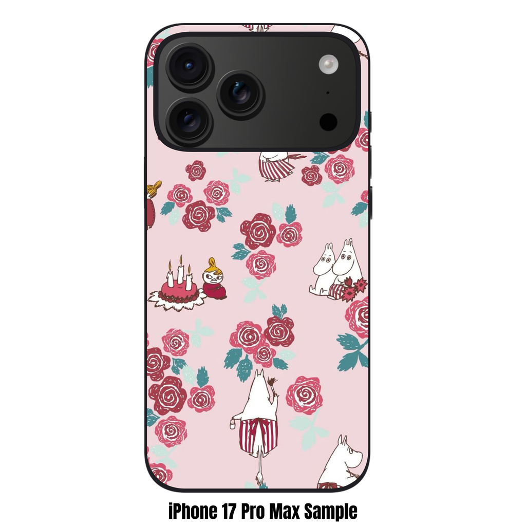 Moomins Phone Case For iPhone Samsung Galaxy Pixel - Moomin Characters And Roses Pattern In Pink Background