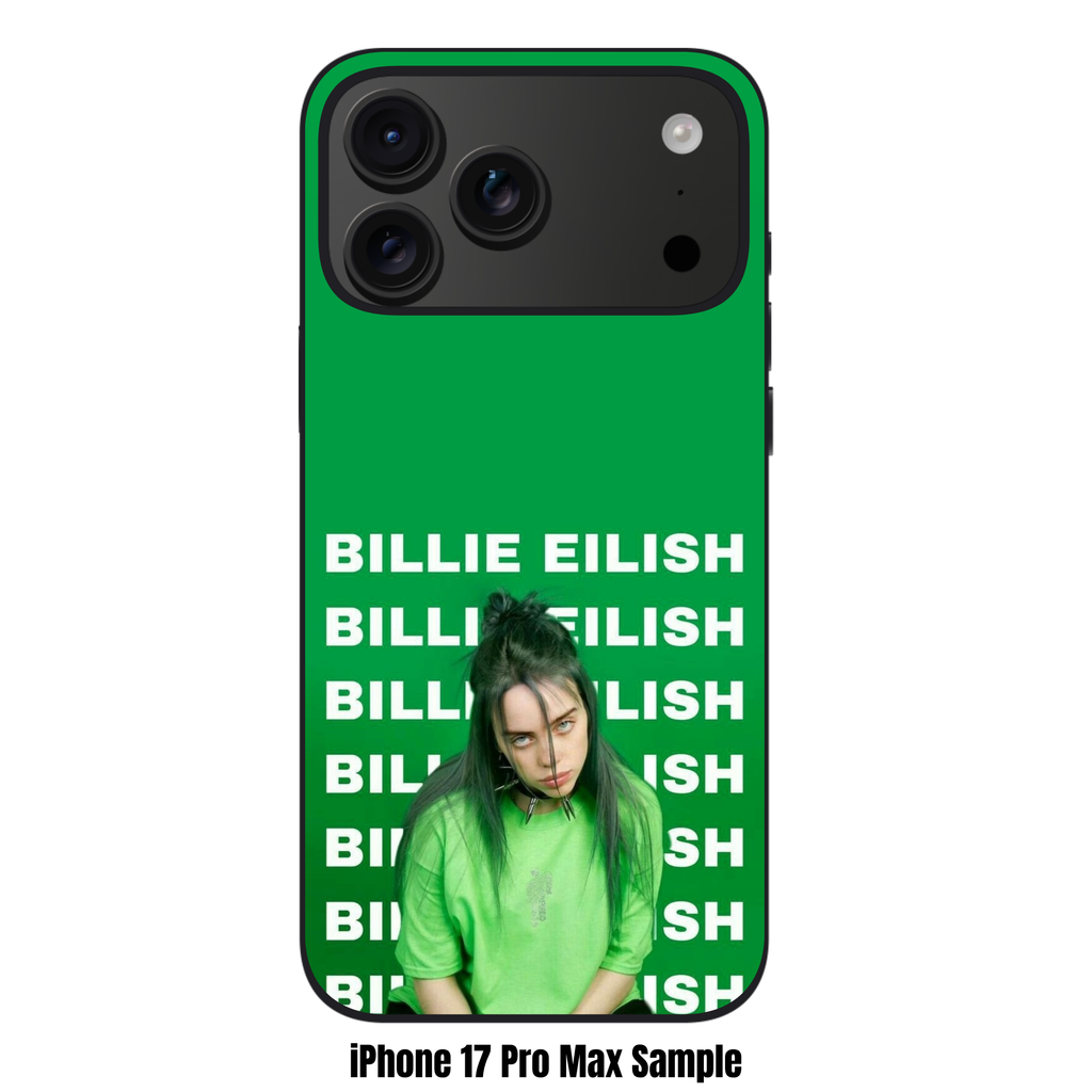 Billie Eilish Phone Case For iPhone Samsung Galaxy Pixel - Billie Eilish Wearing Spiked Choker Collar Below Repeating Typography On Green Background