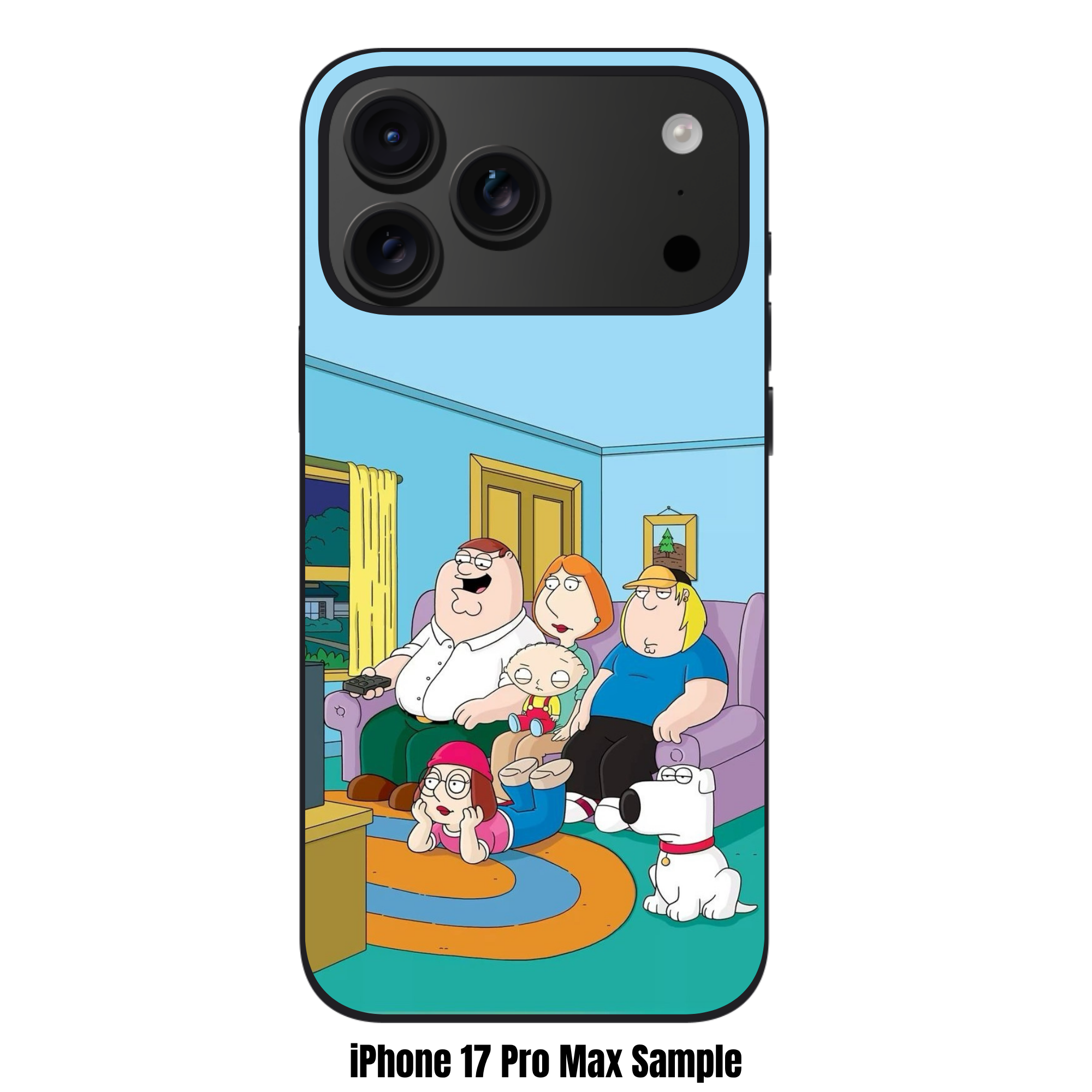 Family Guy Phone Case For iPhone Samsung Galaxy Pixel - Family Guy Characters On Purple Sofa In Living Room On Blue Background