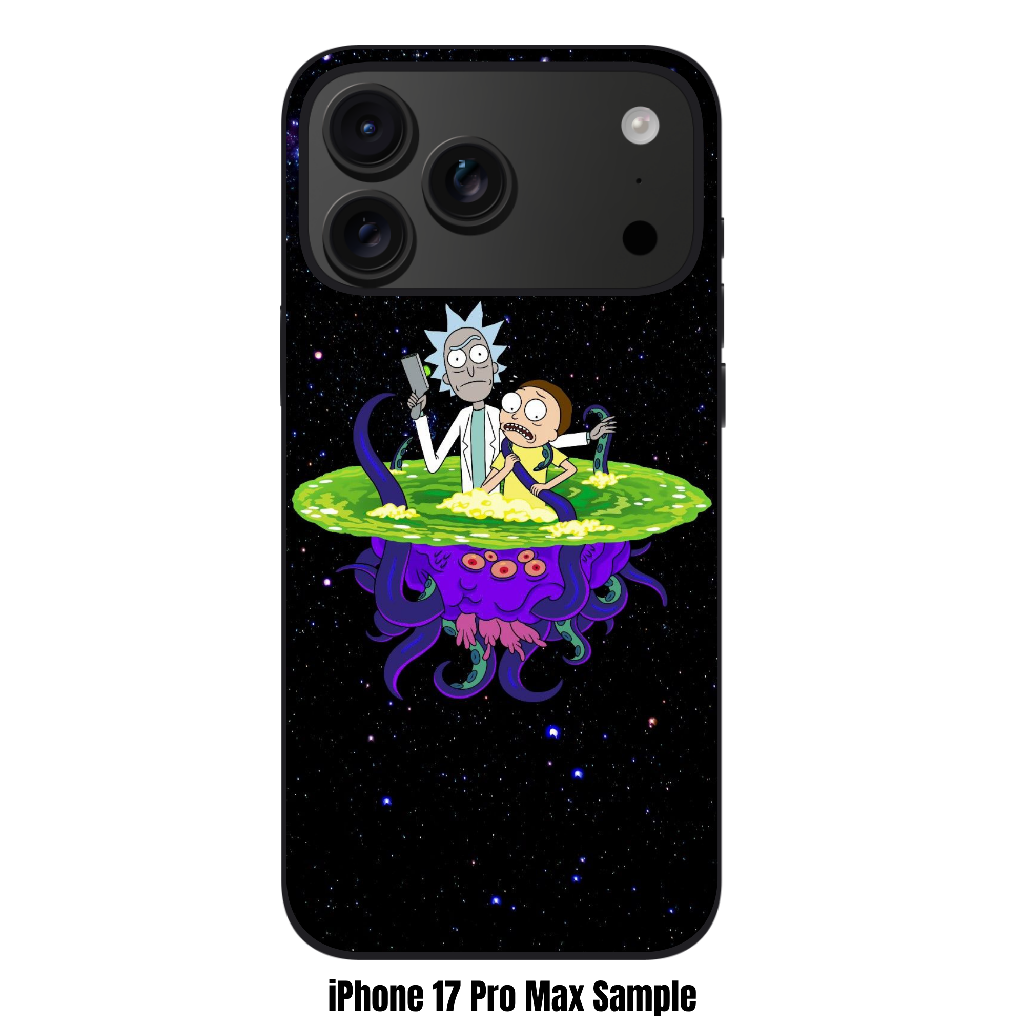 Rick And Morty Phone Case For iPhone Samsung Galaxy Pixel - Rick And Morty Emerging From A Green Portal On Top Of A Purple Monster On Starry Space Background